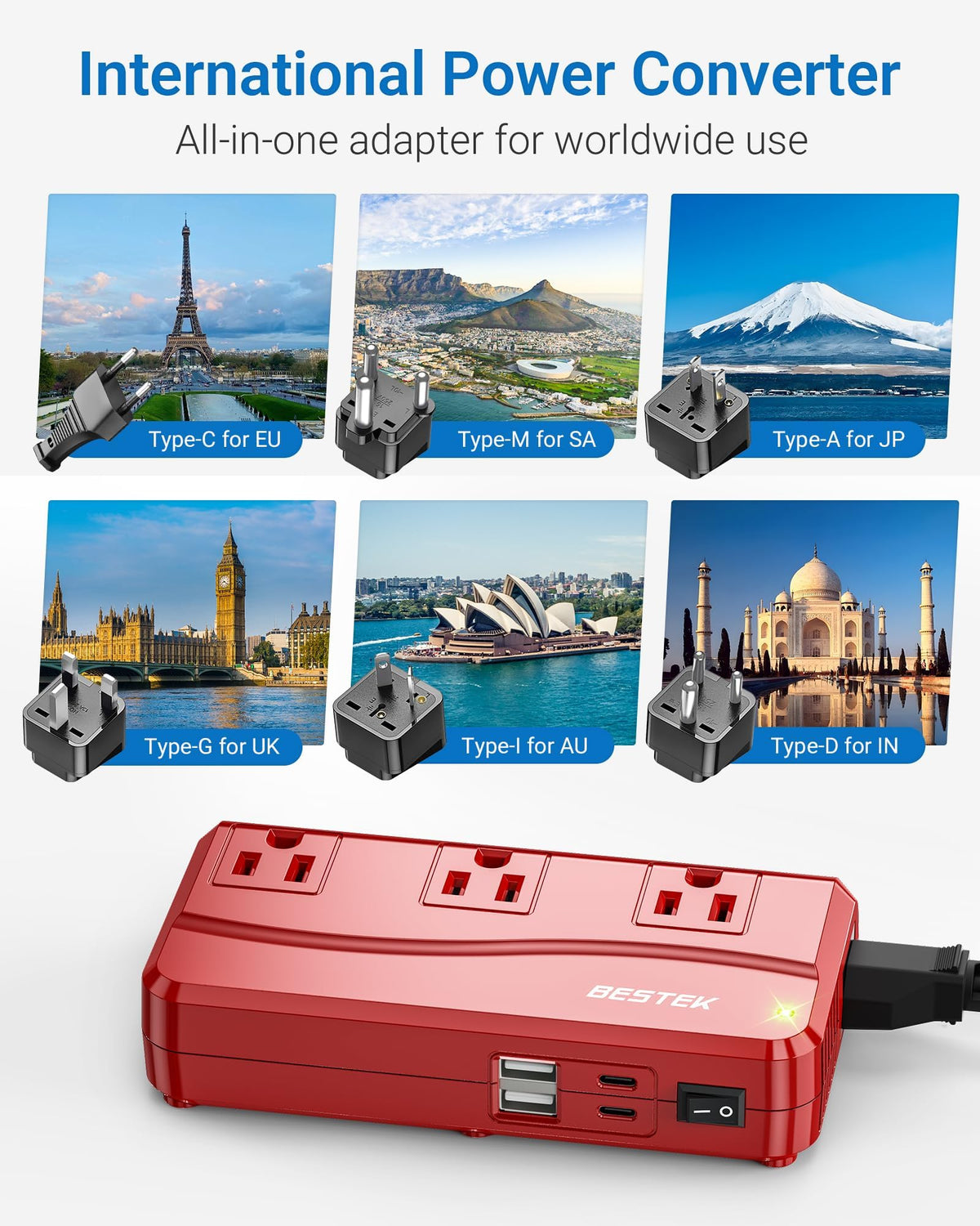 Adaptador de Corriente BESTEK Internacional Blanco con Convertidor de Voltaje y USB de 4 Puertos