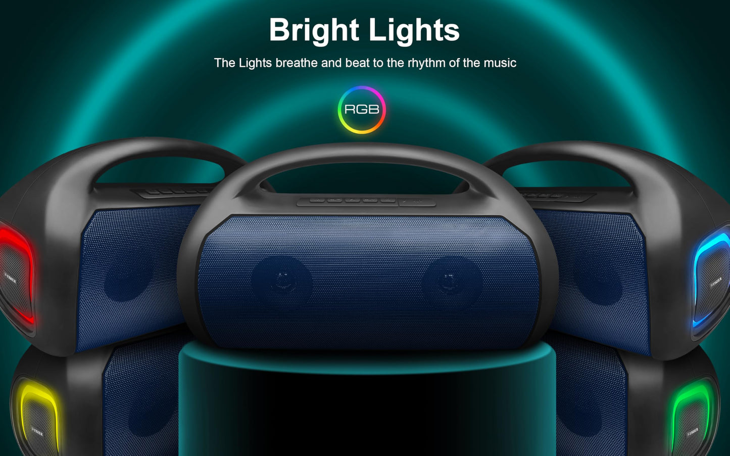 Fisher - Altavoces portátiles Bluetooth - Altavoz inalámbrico portátil con potencia máxima de 20 W, sonido HD, luces RGB, IPX4 resistente al agua, emparejamiento TWS, radio FM, BT 5.3, tiempo de