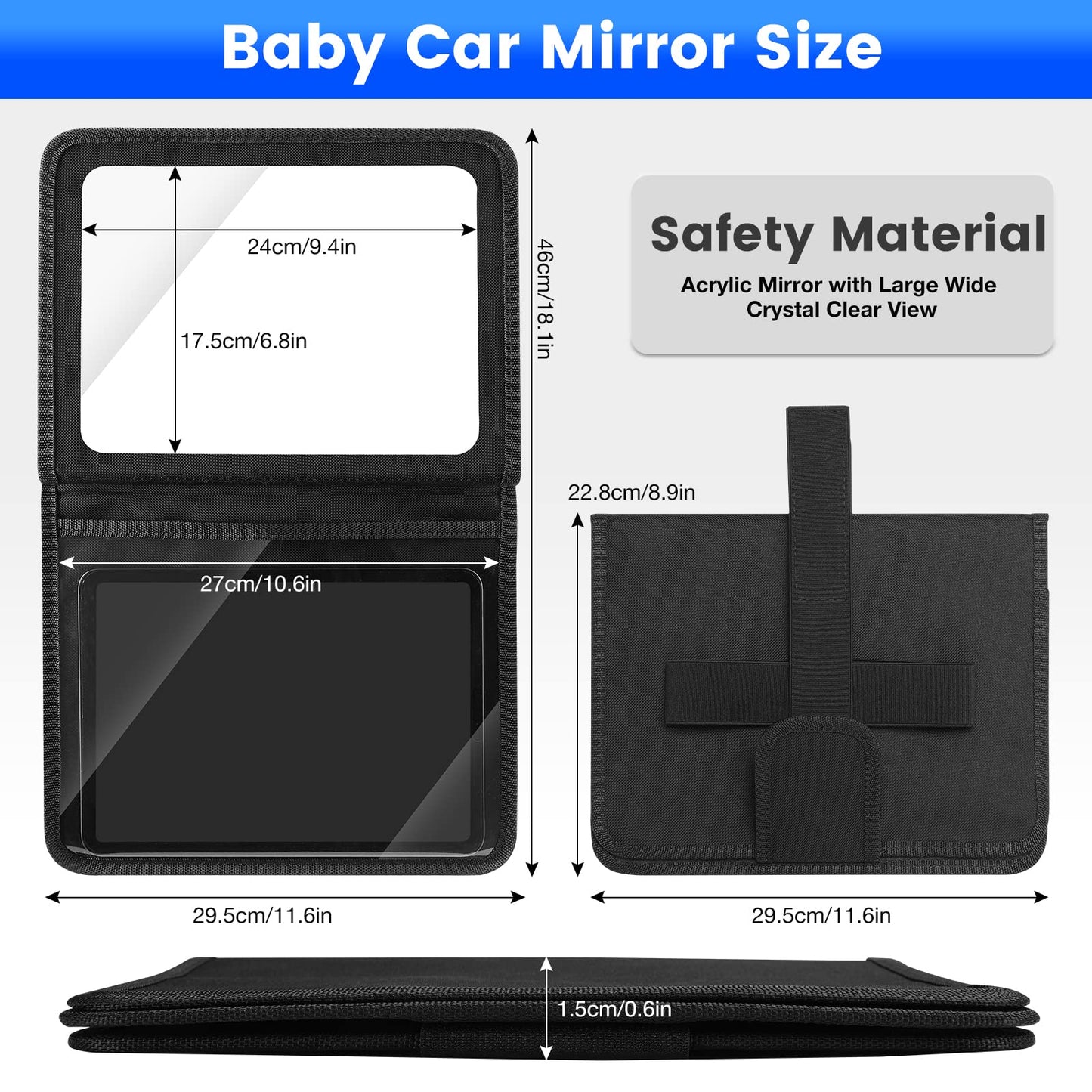 Brislut - Espejo de coche para bebé con soporte ajustable para tabletas, artículos esenciales de viaje por carretera para niños, espejo del asiento trasero para ver la parte trasera del bebé, funda