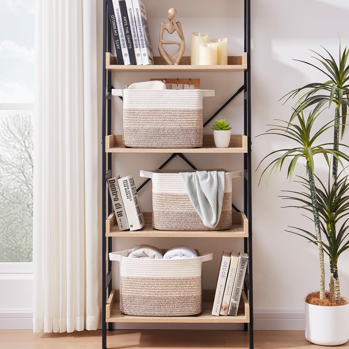OIAHOMY Cesta de almacenamiento, cestas tejidas para almacenamiento, cesta de cuerda de algodón para juguetes, cestas de toalla para baño, paquete de 3, blanco y azul