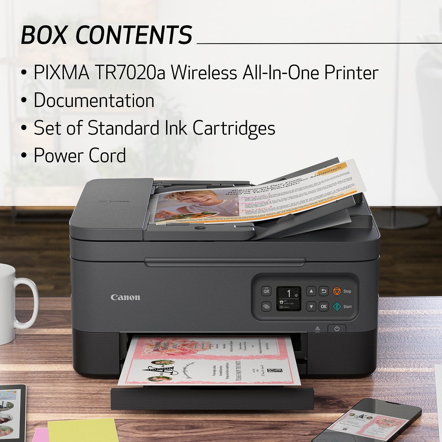 Canon PIXMA TR7020a Impresora de inyección de Tinta a Color inalámbrica Todo en uno, con impresión dúplex, impresión móvil y alimentador automático de Documentos, Negro, Funciona con Alexa