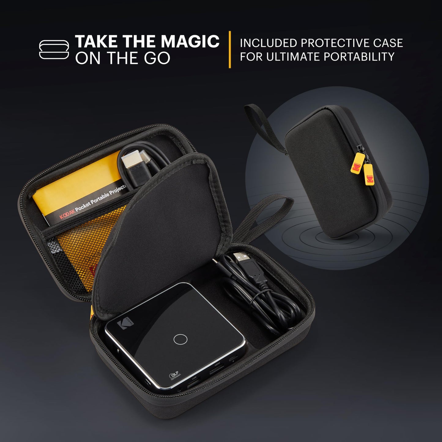 Kodak Ultra Mini Proyector de bolsillo recargable – DLP Pico Black Display 100 pulgadas, HDMI/USB/Micro SD, altavoz incorporado y estuche de transporte