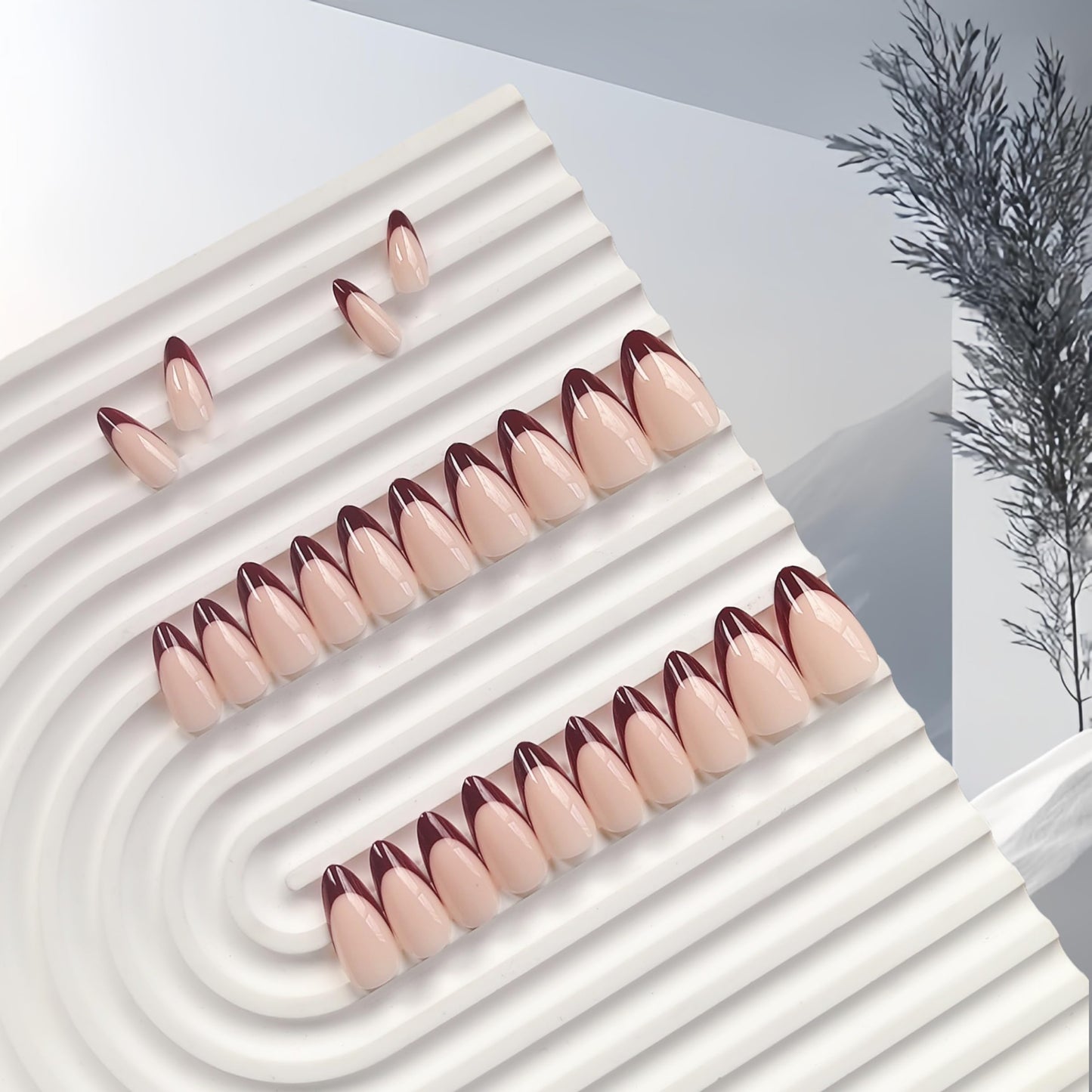SXVME Uñas postizas francesas con punta almendrada y rojo granate, con pegamento para mujer, uñas postizas francesas naturales, tamaño mediano - 24, kit de uñas postizas de gel suave burdeos, aspecto