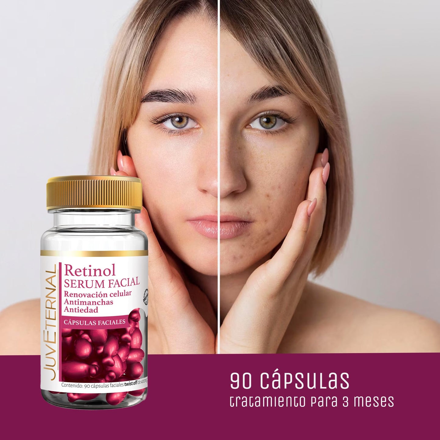 JUVETERNAL Cápsulas Faciales de Retinol 90 cápsulas Twist-Off Antimanchas, Antiedad y Rejuvenecimiento de la Piel