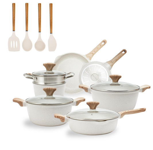 Country Kitchen - Juego de utensilios de cocina antiadherentes de aluminio fundido, utensilios de cocina duraderos para cocina diaria, crema, 15 unidades