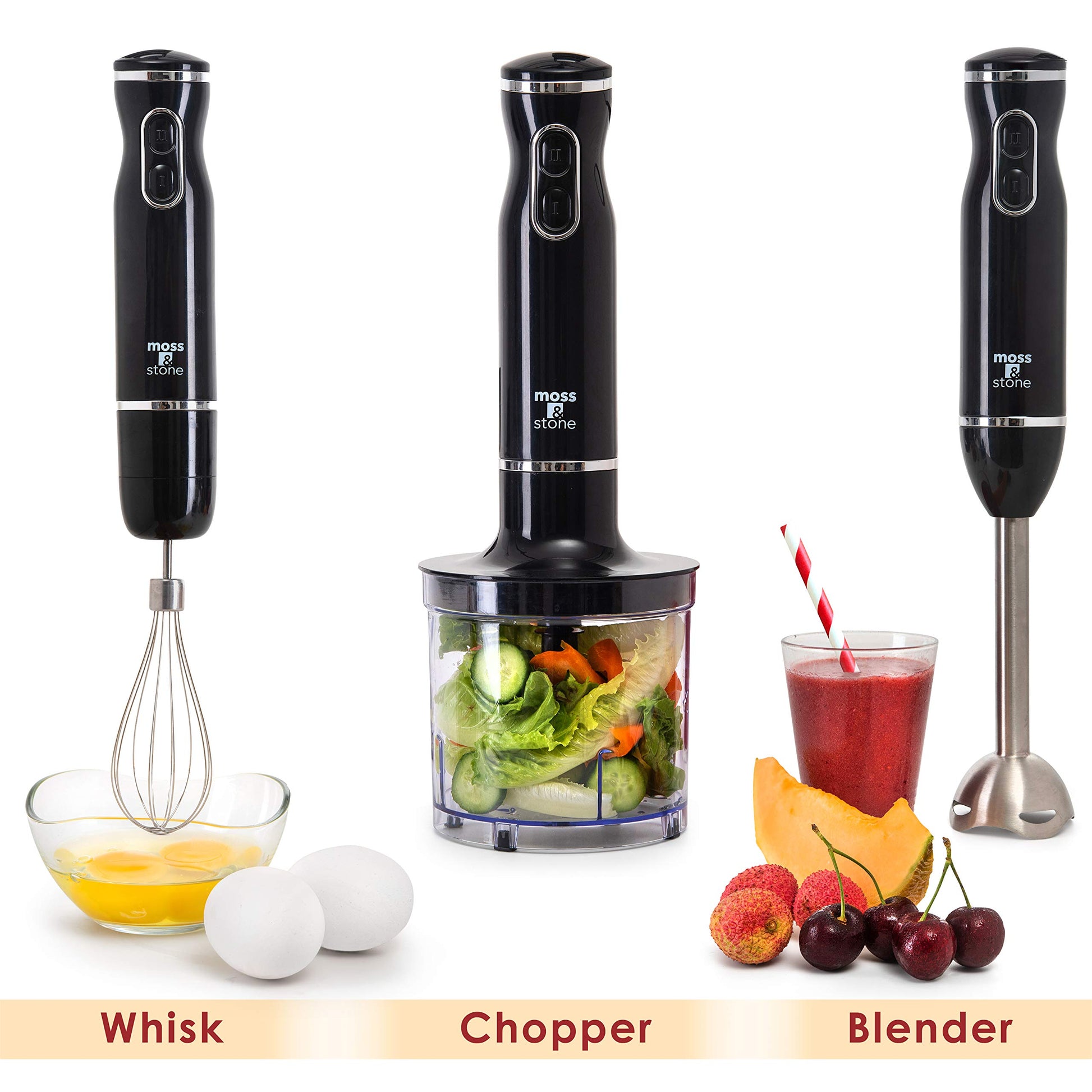 Batidora de mano eléctrica Moss & Stone con batidor de huevos y picador, potente batidora de mano de inmersión de 300 W, juego de mezclador de mano con eje y cuchillas de acero inoxidable, batidora de