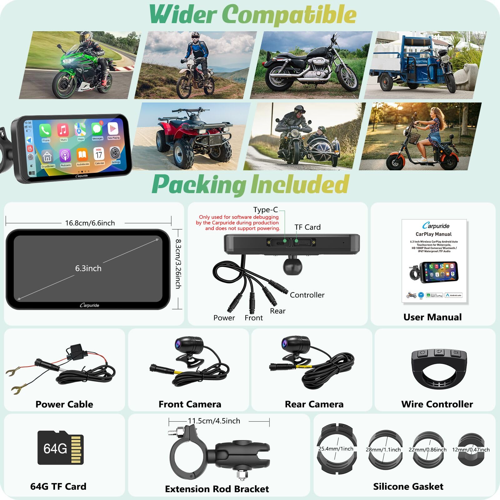 Carpuride W603D - visualización GPS Carplay para motocicleta, inalámbrica CarPlay y Android Auto para Moto, con cámaras duales HD 1080P, control remoto, visualización táctil impermeable de 6.3