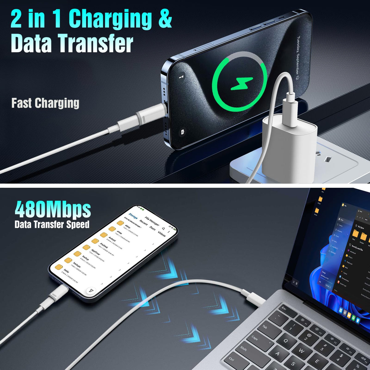 Adaptador Lighting a USB C TiMOVO Blanco con Lazo Antipérdida