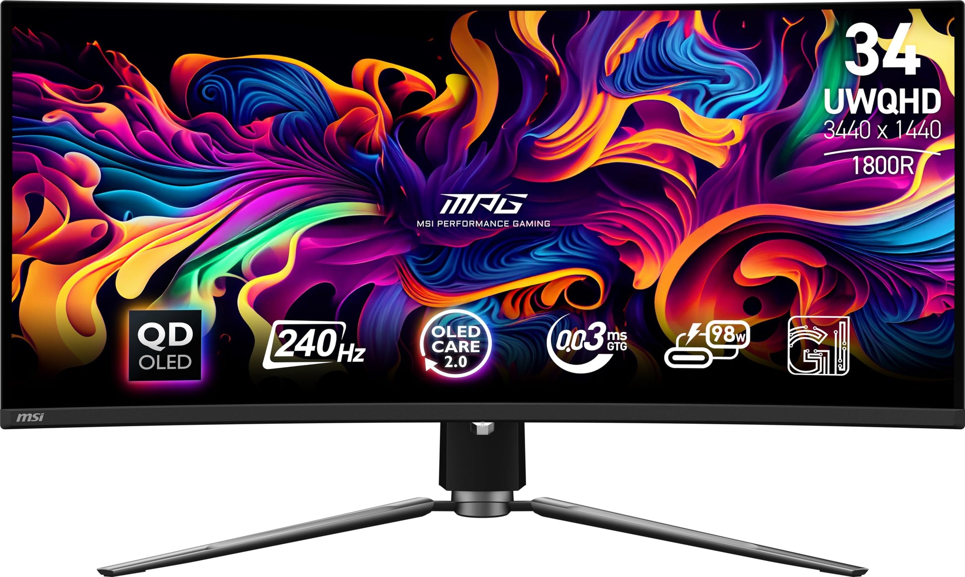 MSI MPG 341CQPX QD-OLED Monitor de Juegos OLED Curvado de 34 Pulgadas, 3440 x 1440 (UWQHD), Tiempo de Respuesta de 0,03 ms, 240Hz, HDR 400 True Black, HDMI, Puerto DP, USB Tipo C, inclinación,