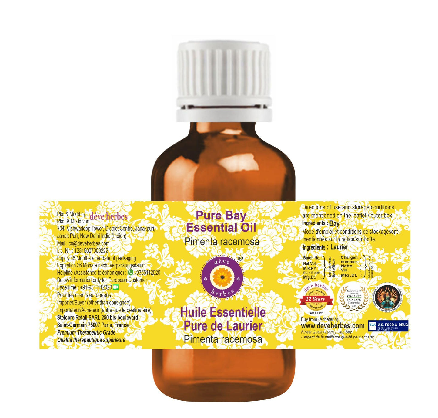 Deve Herbes Aceite esencial Pure Bay (Pimenta racemosa) natural de grado terapéutico destilado a vapor, 30 ml