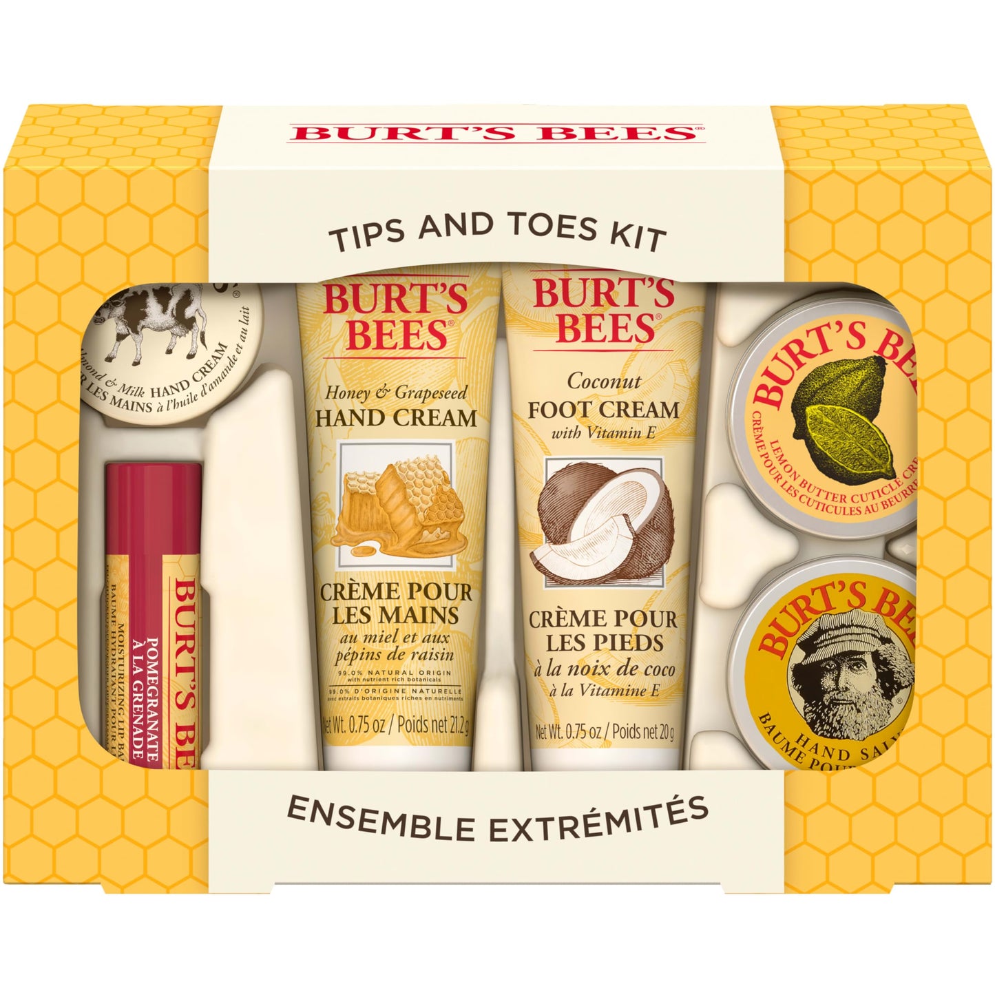 Burt's Bees Tips and Toes Kit Holiday Gift Set, 6 Travel Size Products in Gift Box - 2 Hand Creams, Foot Cream, Cuticle Cream, Hand Salve and Lip Balm