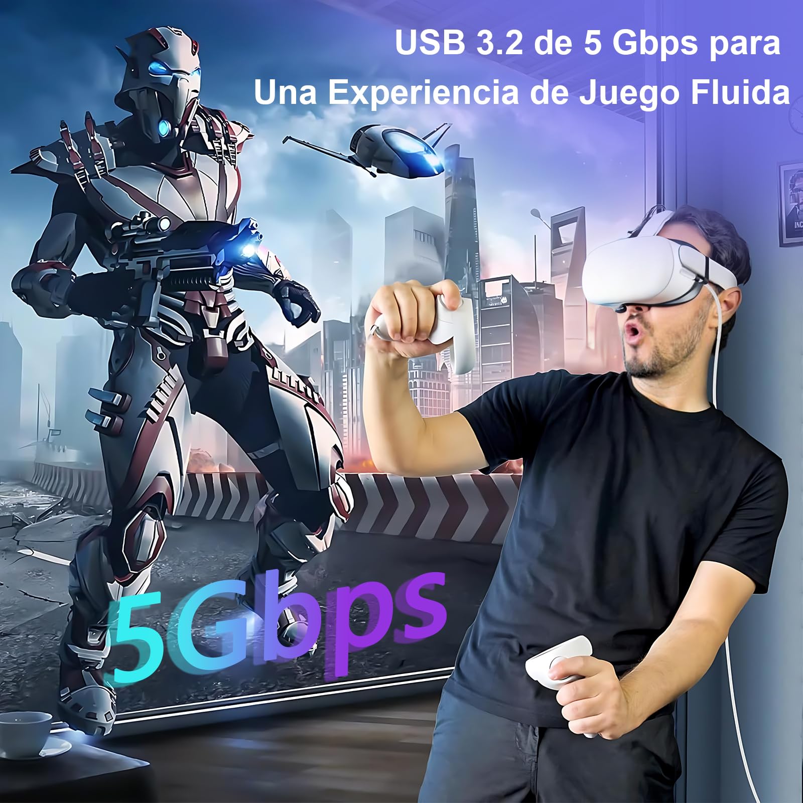 HGFBSFAA Cable de Enlace de Compatible con Meta Oculus Quest 2 Pico Accesorios y Juegos de PC Steam VR, Cable de Transferencia 5 Gbps USB 3.0 Tipo C, Puerto de Carga USB C para Auriculares VR, 5M
