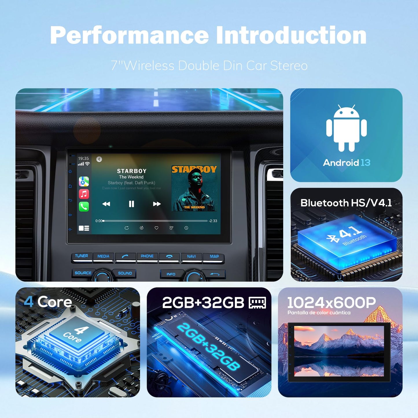 Haudio Estéreo de coche de 7" doble DIN con Apple CarPlay inalámbrico y Android Auto, Radio de coche Bluetooth con pantalla táctil, navegación GPS, Android 13, 2G+32G (Sin cámara de reversa)