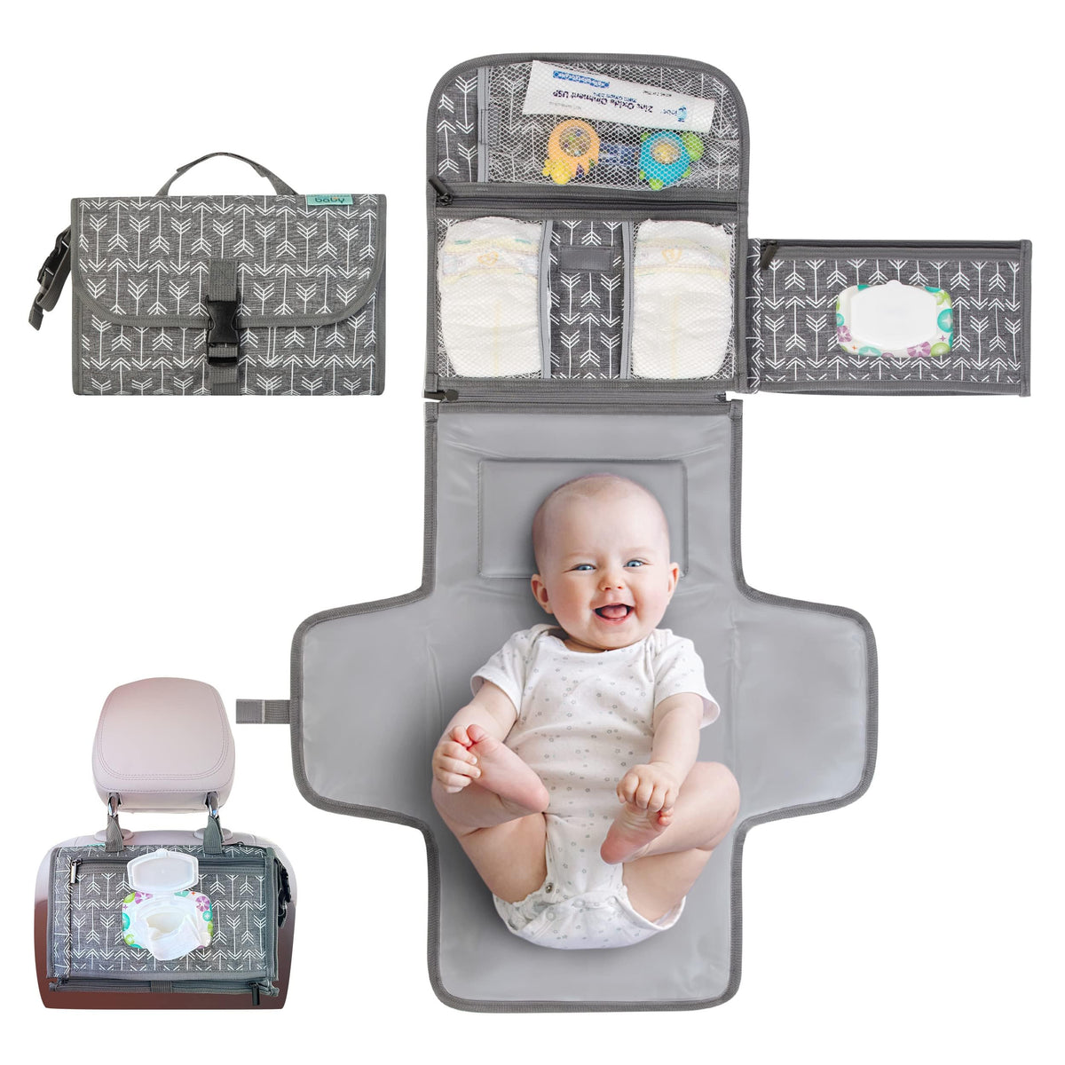 Kopi Baby cambiador portátil de pañales - Cambiador de pañales para bebé, bolsa de viaje con bolsillo para toallitas, diseño inteligente, cambiador portátil, kit de estación de viaje para bebé, regalo
