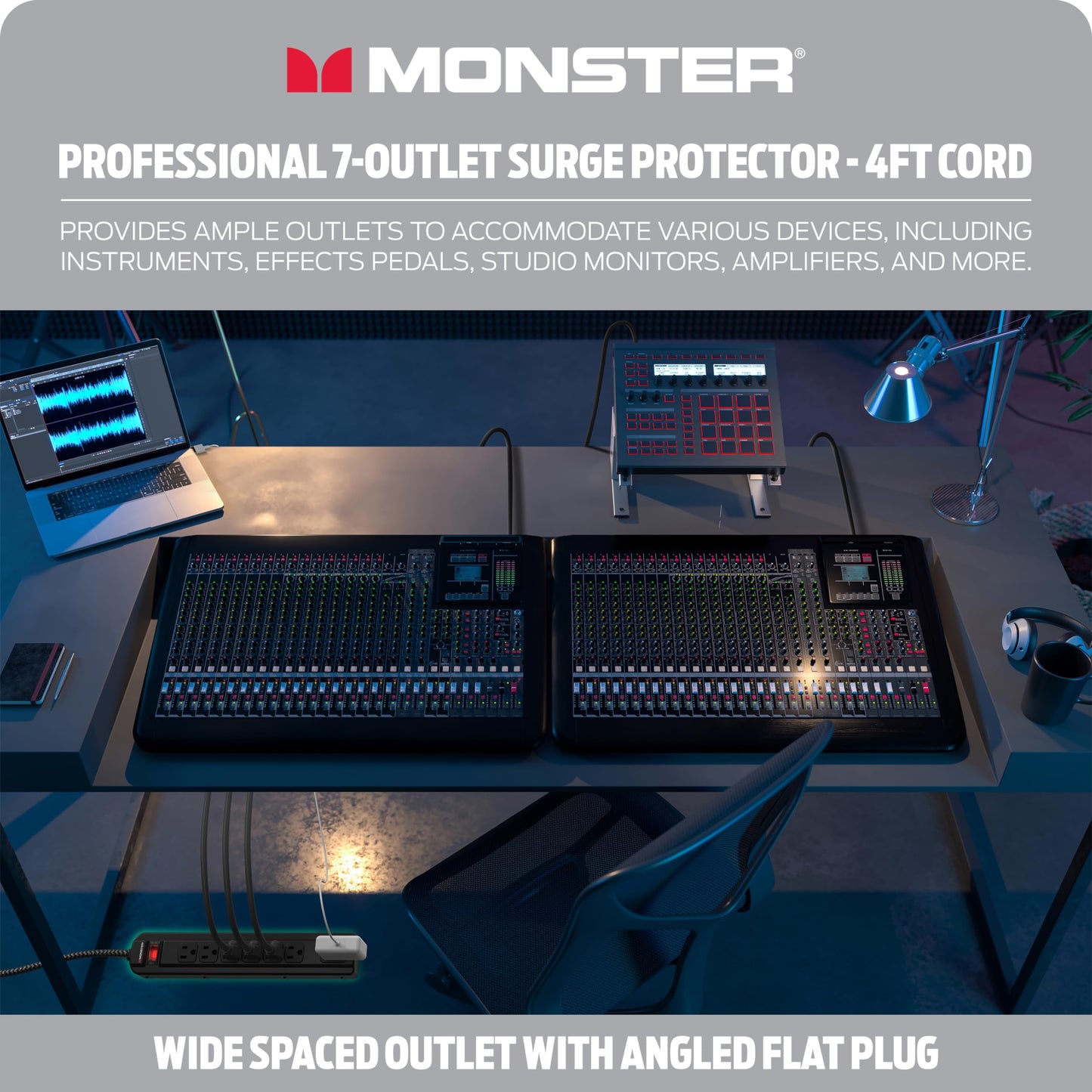 Tira de Alimentación Monster Pro MI Negra con Protección contra Sobretensiones Ignífuga para Equipo de Audio Profesional