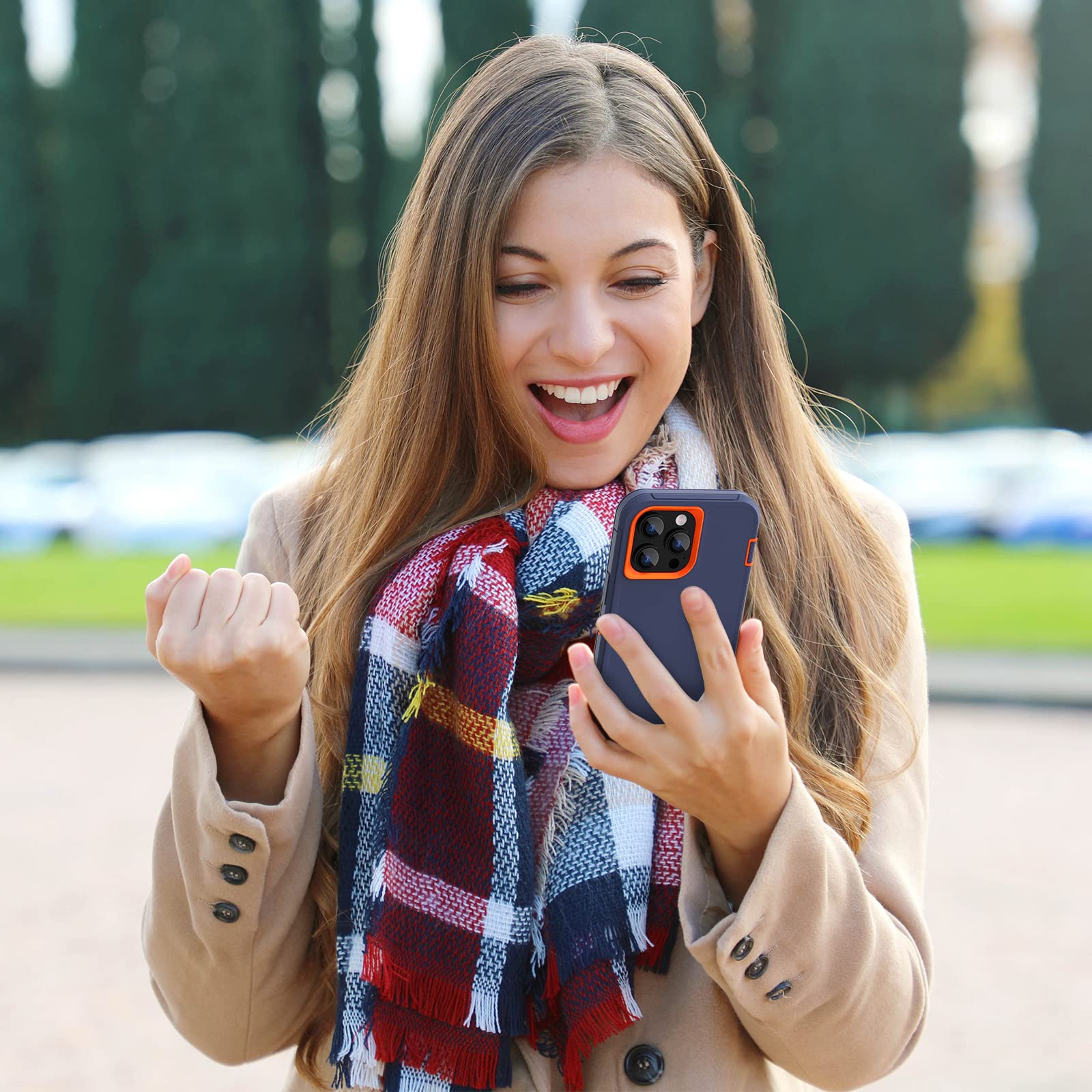 Sansunto - Funda compatible con iPhone 13 Pro Max, iPhone 12 Pro Max de 3 capas de cuerpo completo, armadura híbrida, resistente, duradera, resistente para hombres y mujeres. (Azul marino/naranja)