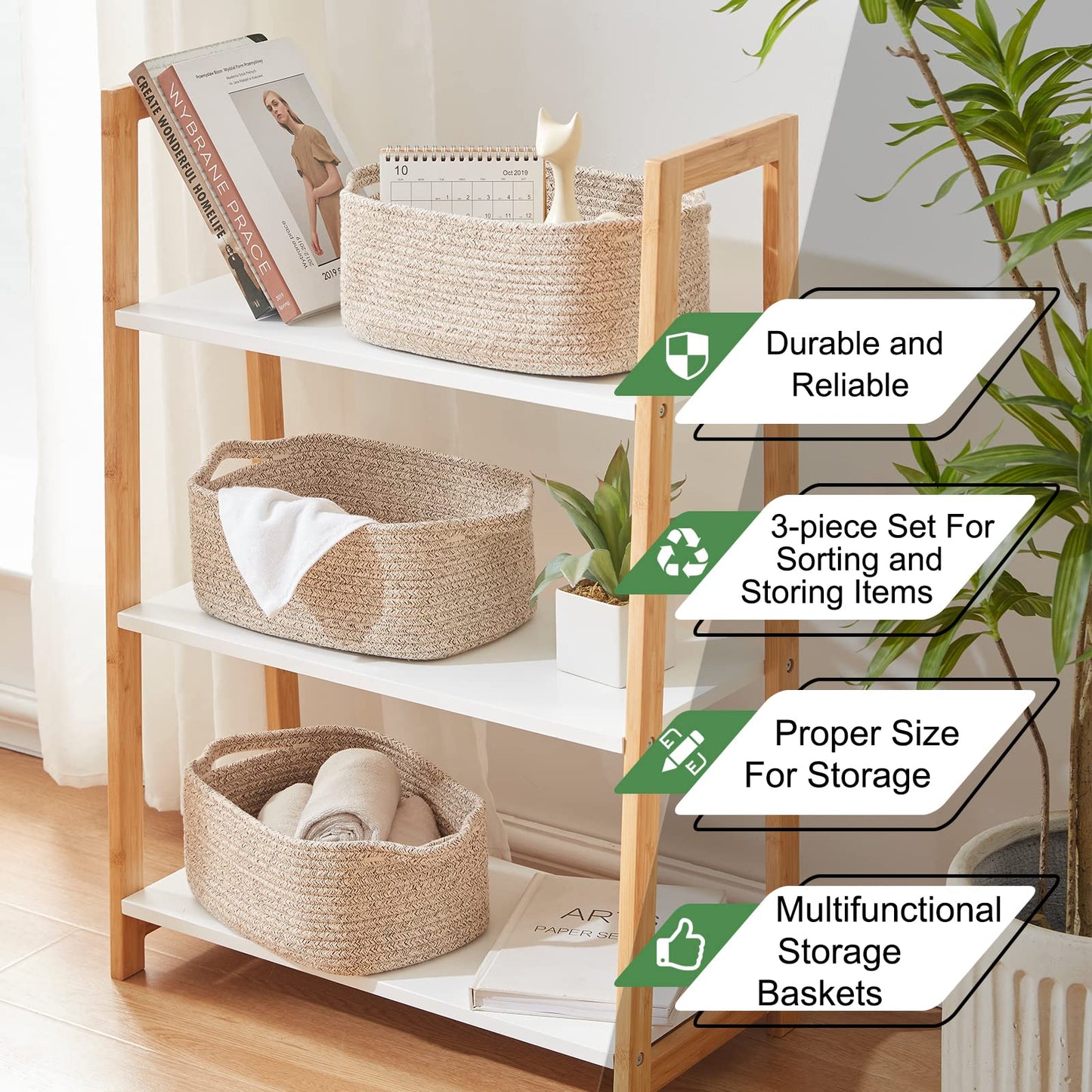 OIAHOMY - Cestas de cuerda de algodón, cestas tejidas para almacenamiento, cestas de almacenamiento para guardería, cesta de almacenamiento rectangular con asas, cestas de almacenamiento para estantes