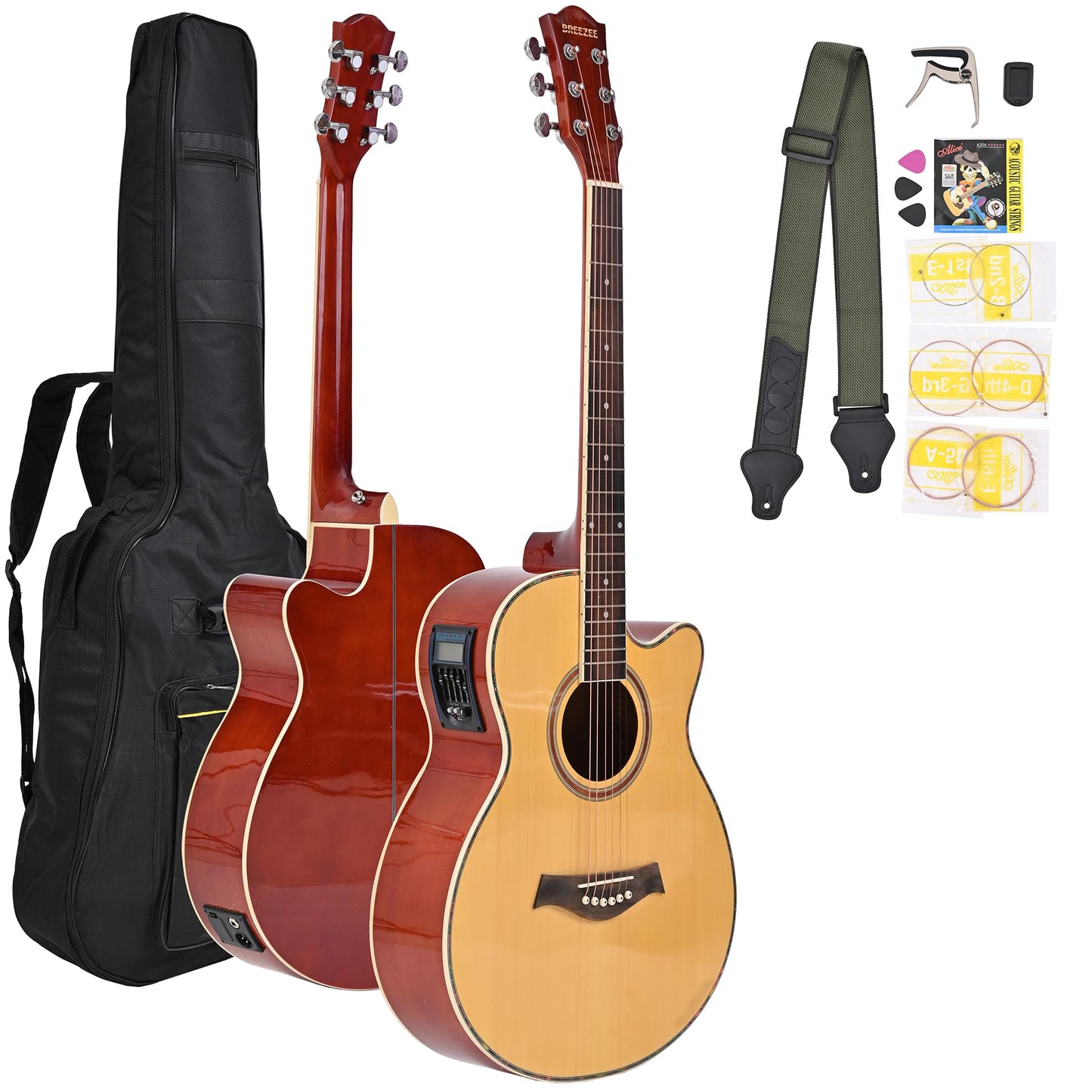 BREEZEE Guitarra Electroacústica de 40” Diseñada sobre Abeto, Merbau, Okume y Palisandro. Acabado de Barniz en Pulverización, Incluye Set de Accesorios Completo para Principiante