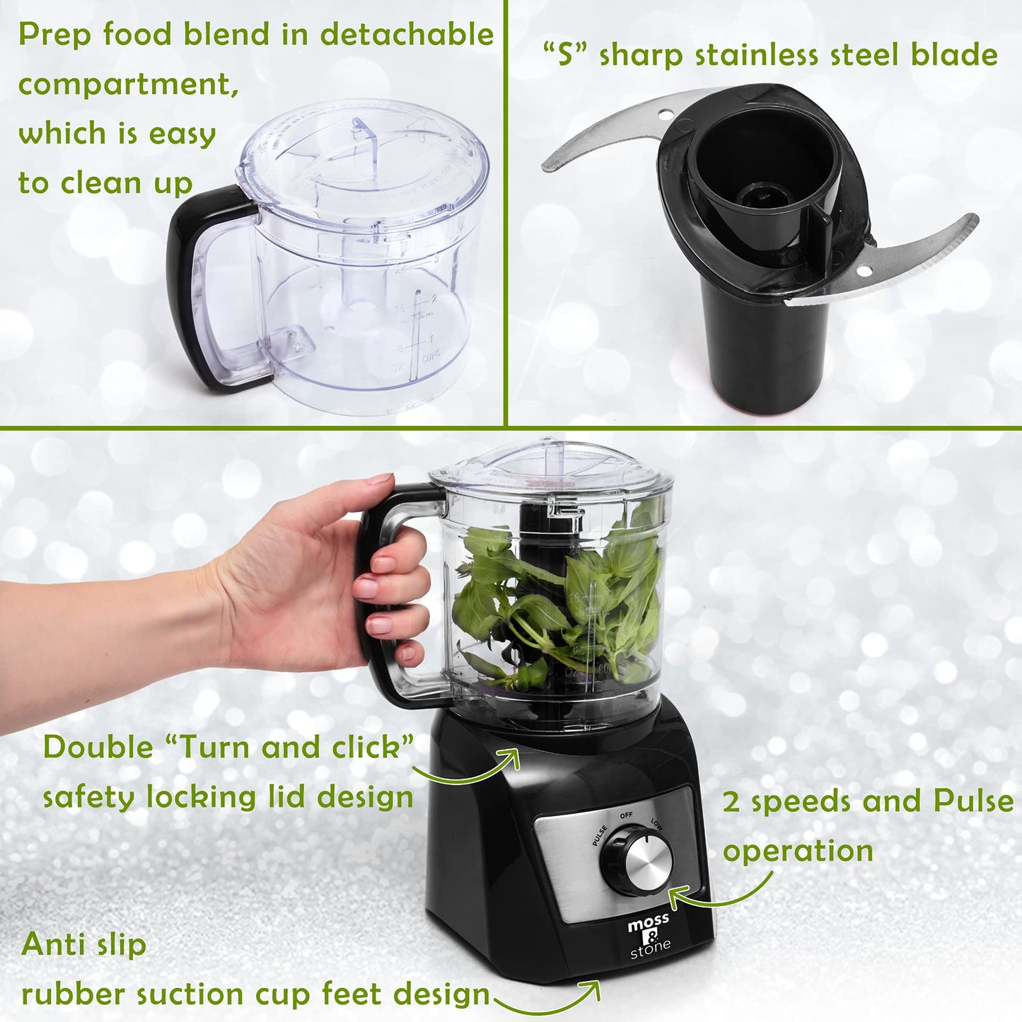 Mini Procesador de Alimentos Moss & Stone Plateado con Picador de Verduras de 300 Vatios y 2 Velocidades