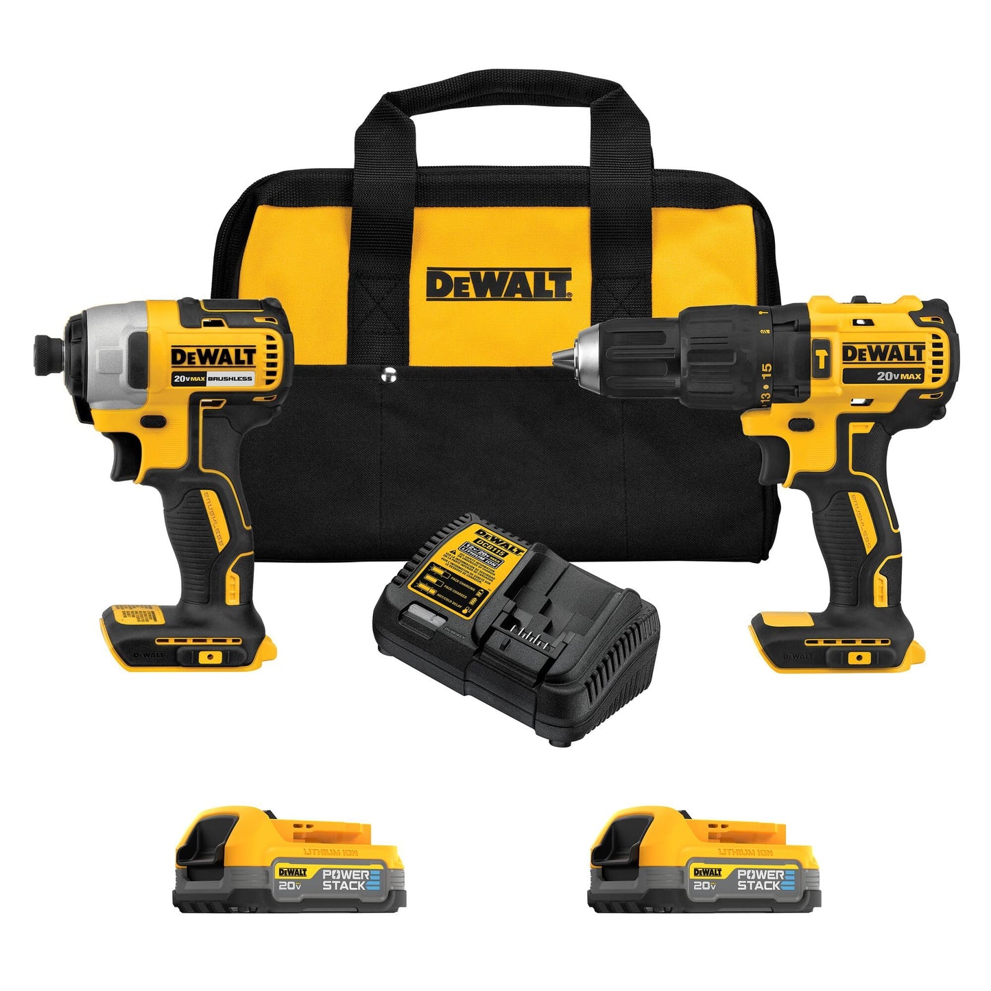 DEWALT 20 V MAX Taladro e impacto, juego de herramientas eléctricas, 2 baterías POWERSTACK incluidas (DCK274E2)