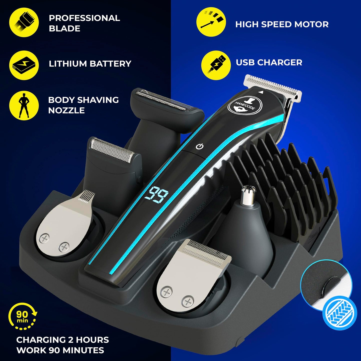 Cortadora de barba y pelo 11 en 1 para hombre, USB-C, impermeable, kit de aseo múltiple con pantalla LED (almacenamiento de hoja)