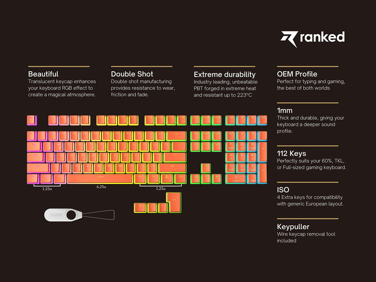 Teclas PBT Ranked Coral Diseño Translúcido ANSI e ISO Perfil OEM para Teclado Mecánico RGB