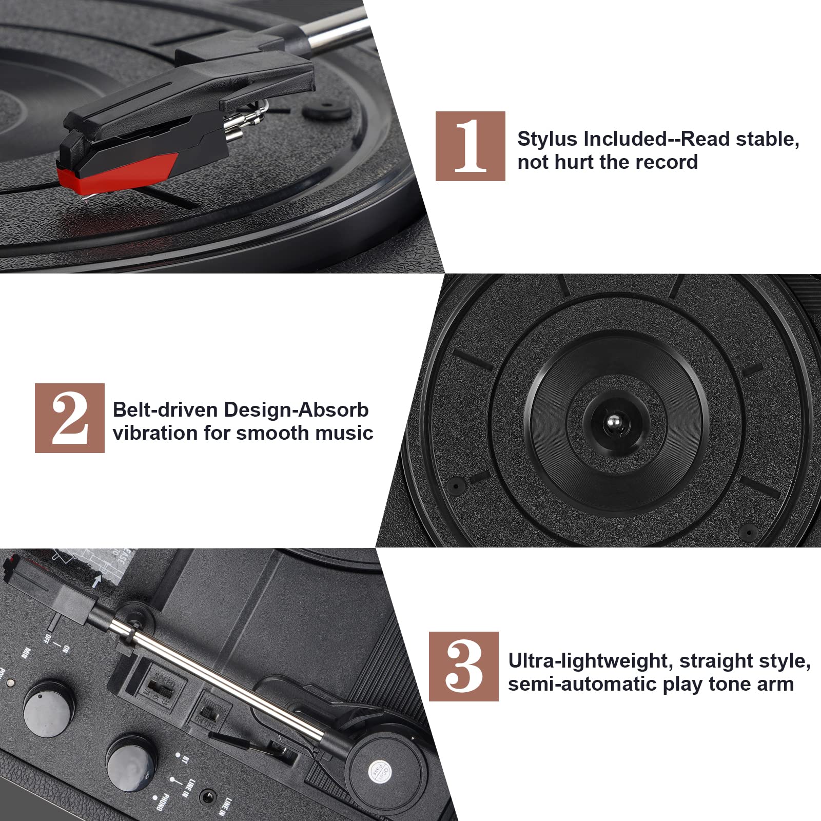 DIGITNOW Reproductor de grabación de tocadiscos de 3 velocidades con altavoces estéreo integrados, soporta salida USB/RCA, conector para auriculares, MP3/teléfonos móviles, reproducción de música, diseño de maleta (negro)
