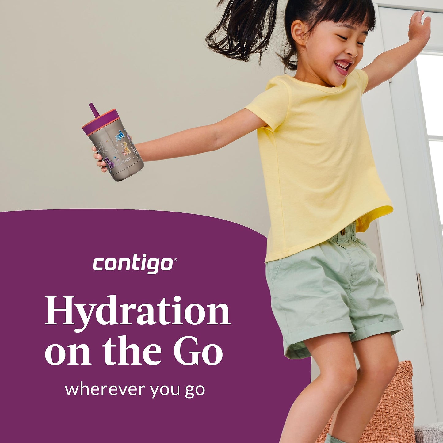 Contigo Leighton Vaccum-Insulated Kids Water Bottle with Spill-Proof Lid and Straw, 12oz Stainless Steel Water Bottle with Straw for Kids, Keeps Drinks Cold up to 13 Hours, Coral/Grape