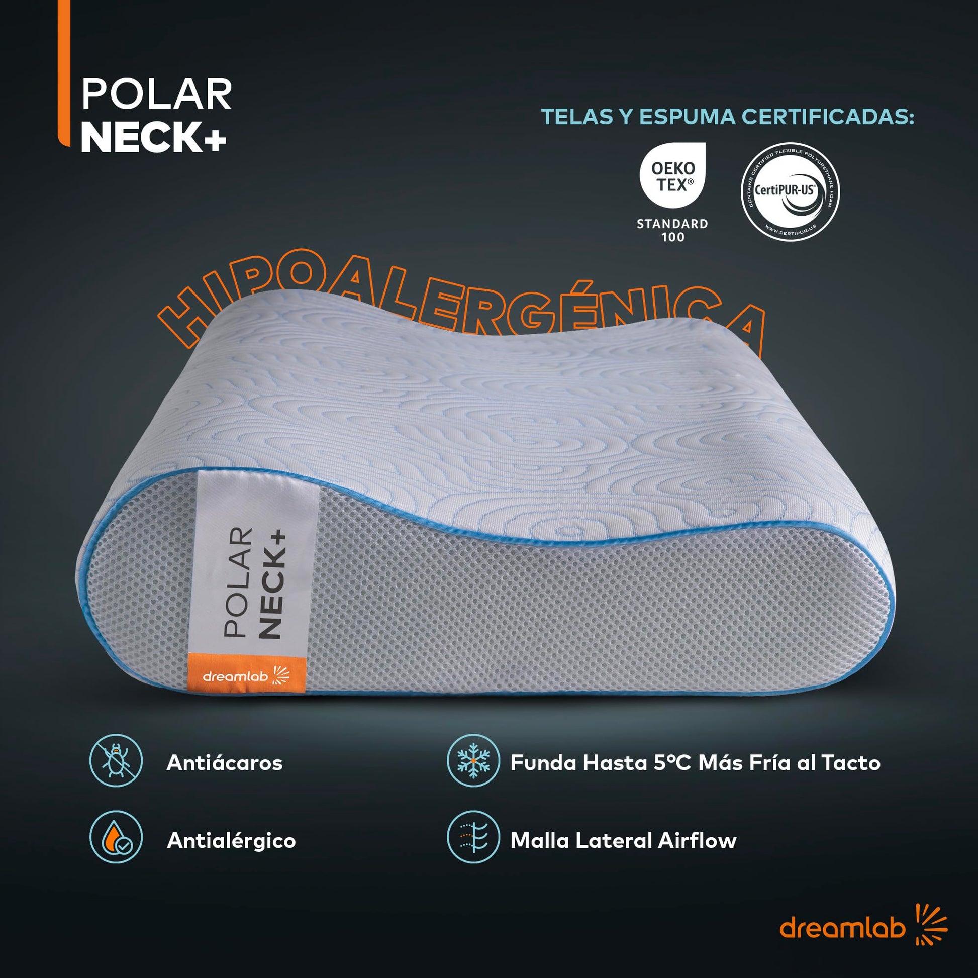 Almohada Cervical Dreamlab Polar Neck+ Tela Fría Touch Memory Foam Gel Hipoalergénica Ergonómica 2 Piezas Estándar