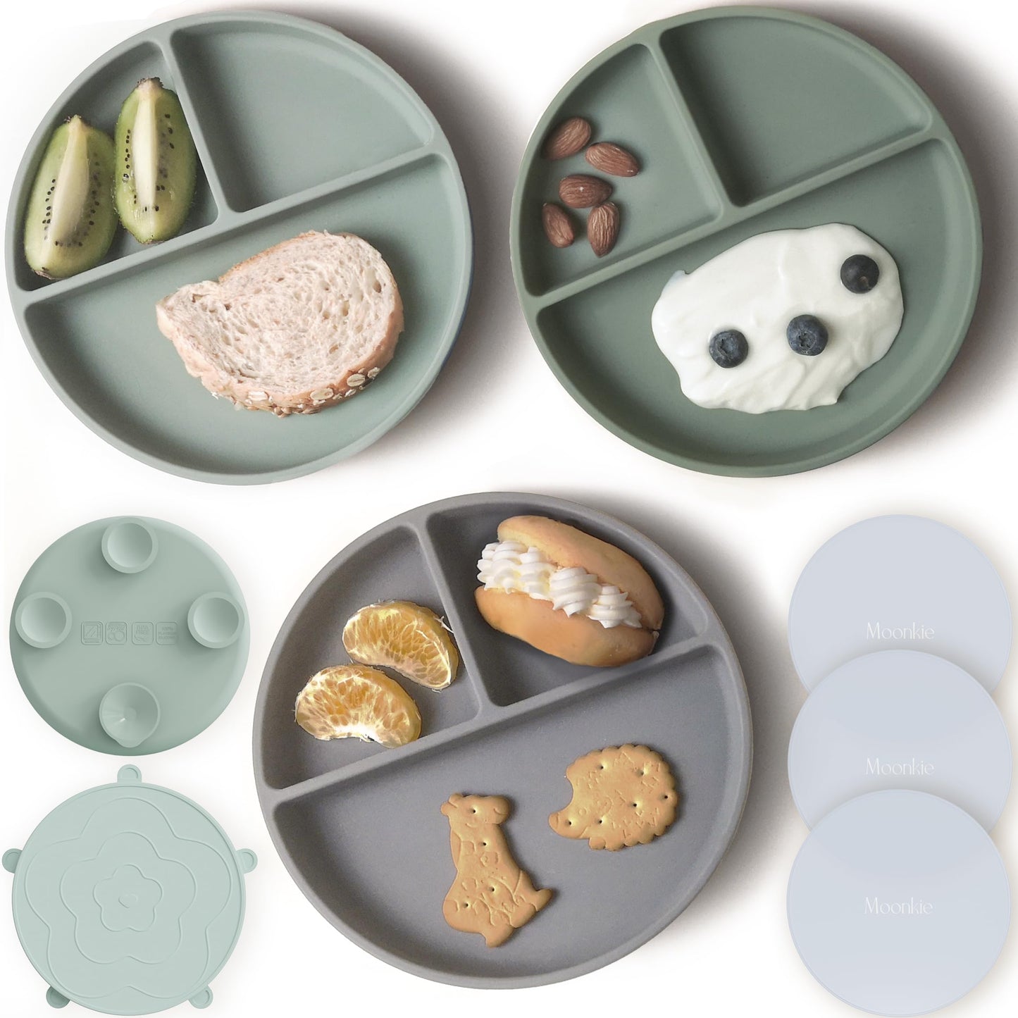 Platos de Succión Moonkie Menta Salvia Gris Lunar Diseño Dividido para Niños 100 % Silicona sin BPA