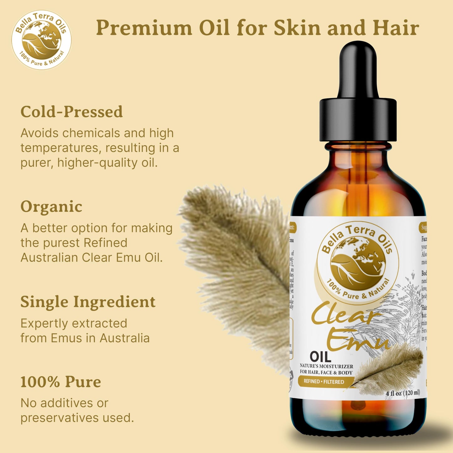 NEW Ultra Clear Emu Oil. 4oz. Australian. Fully Refined. Organic. 100% Pure. Anti-inflammatory. Hexane-free. Soothes Skin. Promotes Hair Growth. Natural Moisturizer. For Hair, Skin, Stretch Marks.