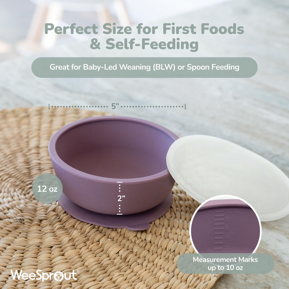 WeeSprout - Cuencos de succión para bebés y niños pequeños (juego de 2), 100% silicona con tapa de plástico, suministros de alimentación a prueba de fugas, vajilla para bebés y microondas con base