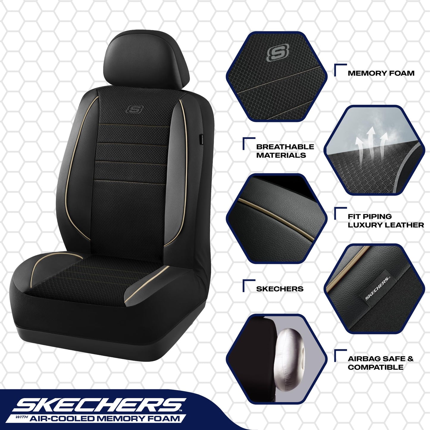 Skechers Memory Foam - Juego completo de fundas protectoras de asiento de piel, malla Air Cool, gruesas, compatibles con bolsas de aire, cómodas, para la mayoría de vehículos, beige