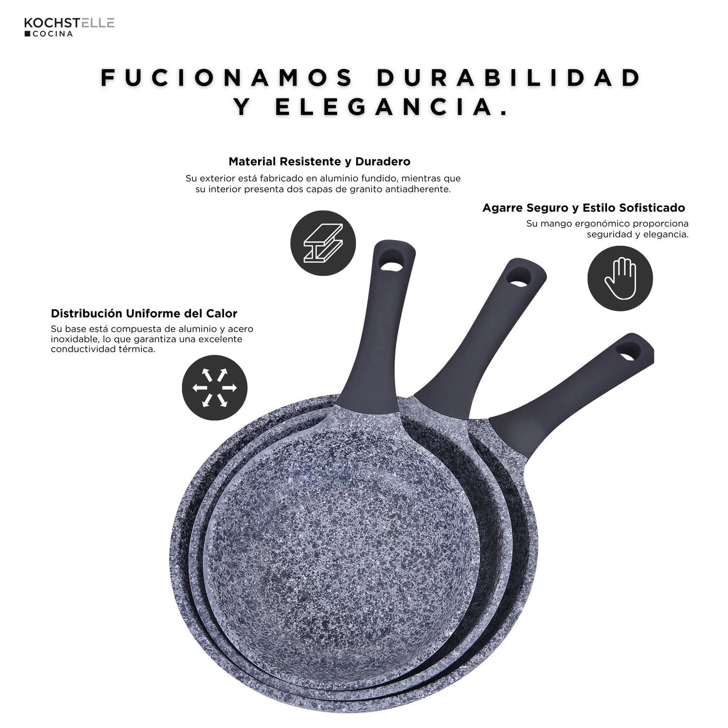 KOCHSTELLE - Set de 3 Sartenes Antiadherentes Marca Kochstelle, Aluminio Inoxidable con Revestimiento de Granito, 20, 24 y 28 cm - Sin Tóxicos, Mango de Silicona, Compatible con Inducción y Gas.