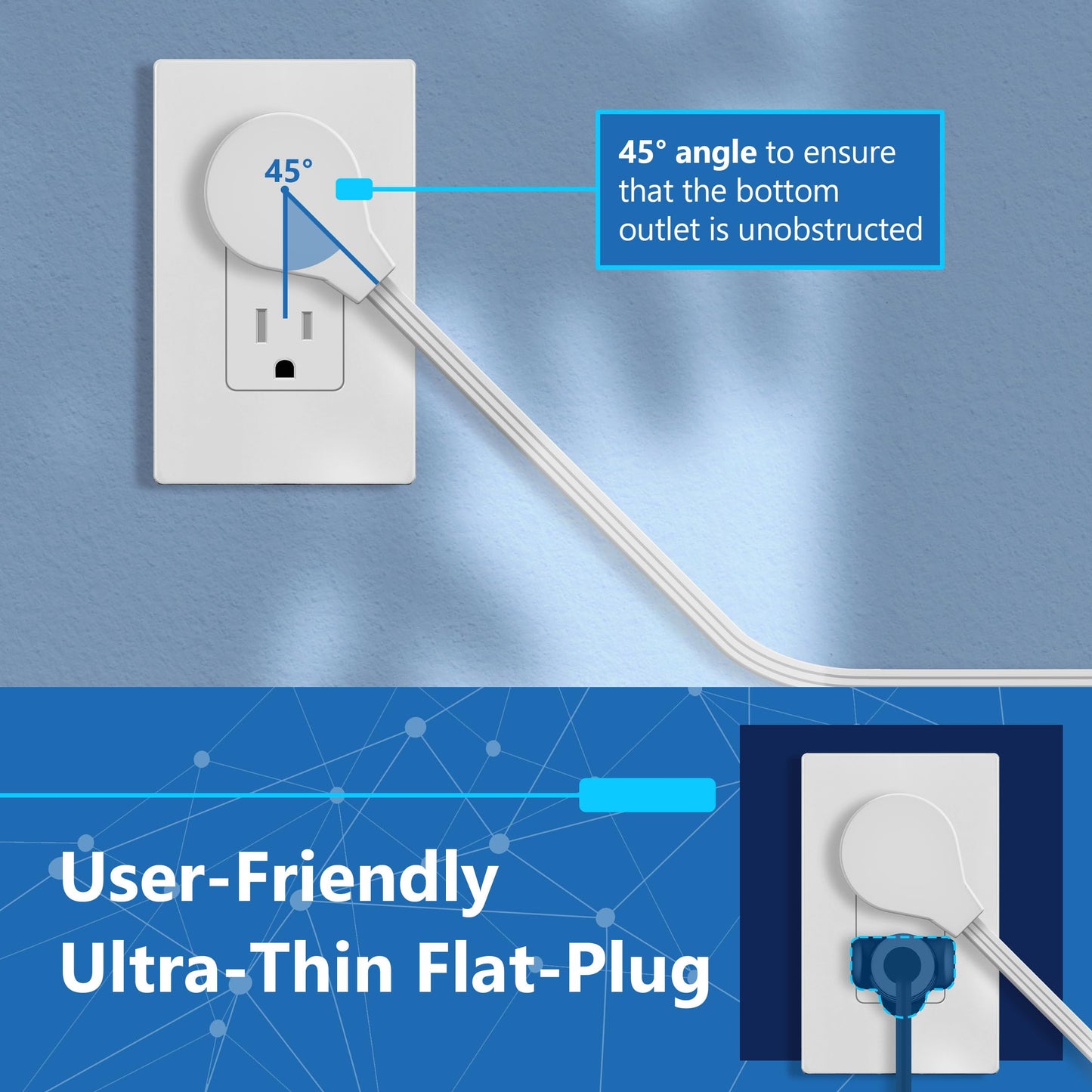LIDER Extensor de salida con 4 receptáculos, USB tipo A y 2 USB tipo C, enchufe plano ultrafino, tira de alimentación de 4 tomas, ángulo de 45 grados, protector de sobretensiones, 1500 julios, cable