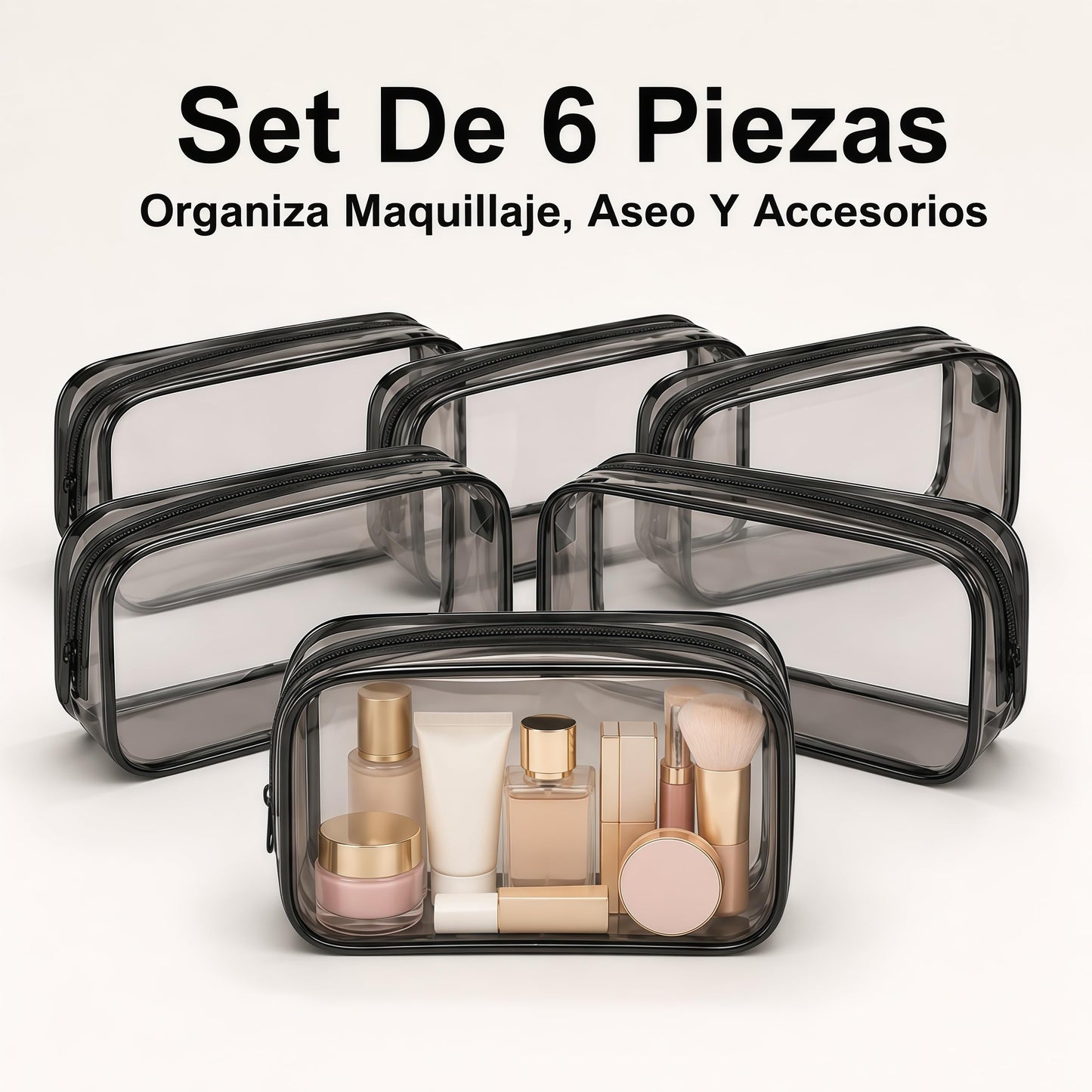 Cosmetiqueras Transparentes 6 Piezas de PVC, Bordes Negros, 18 x 12 x 6 cm