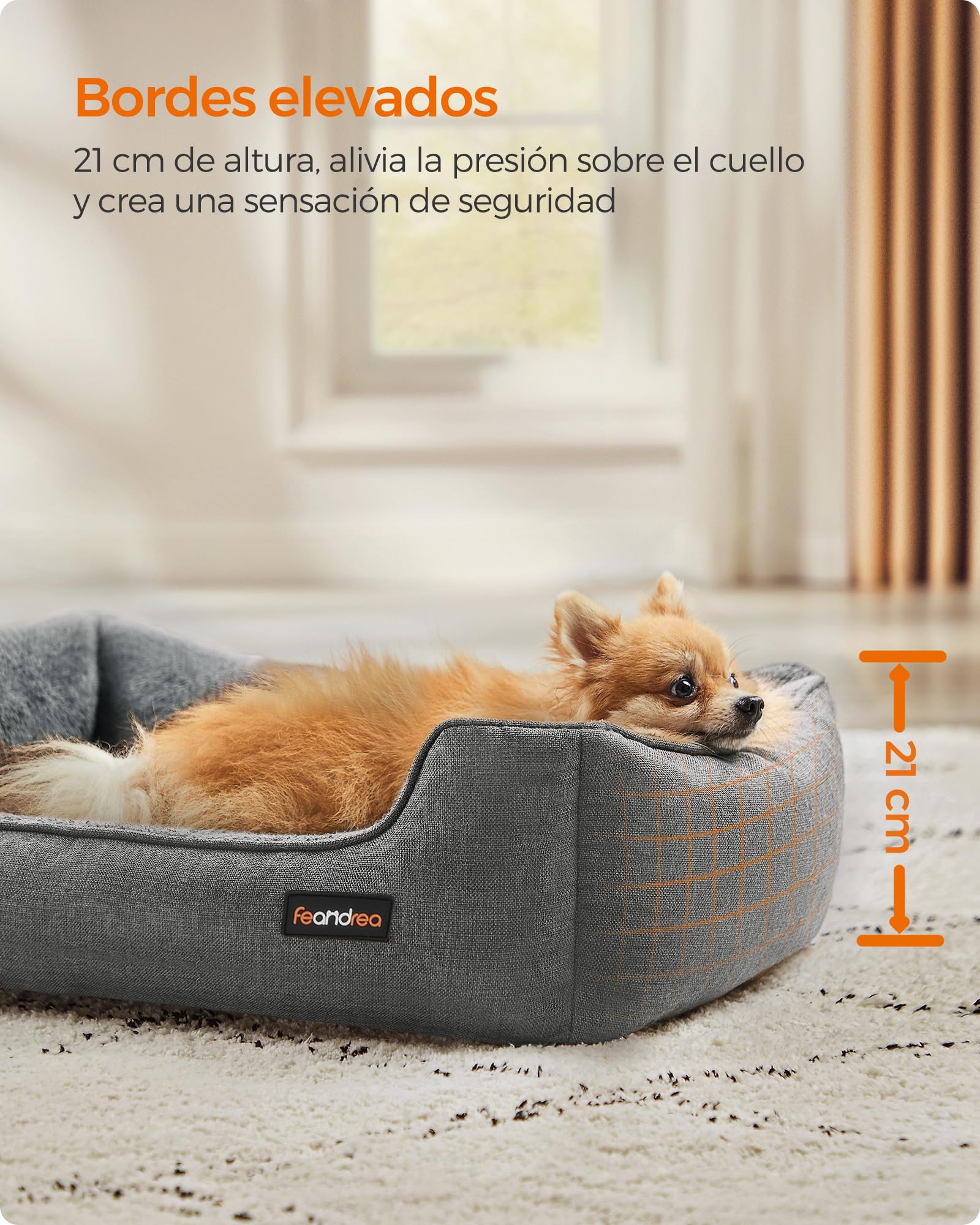 Feandrea Cama para Perros, Sofá para Mascotas, 70 x 55 x 21 cm, Bordes Elevados, M, para Perros Pequeños, Gris Claro MPGW10GG