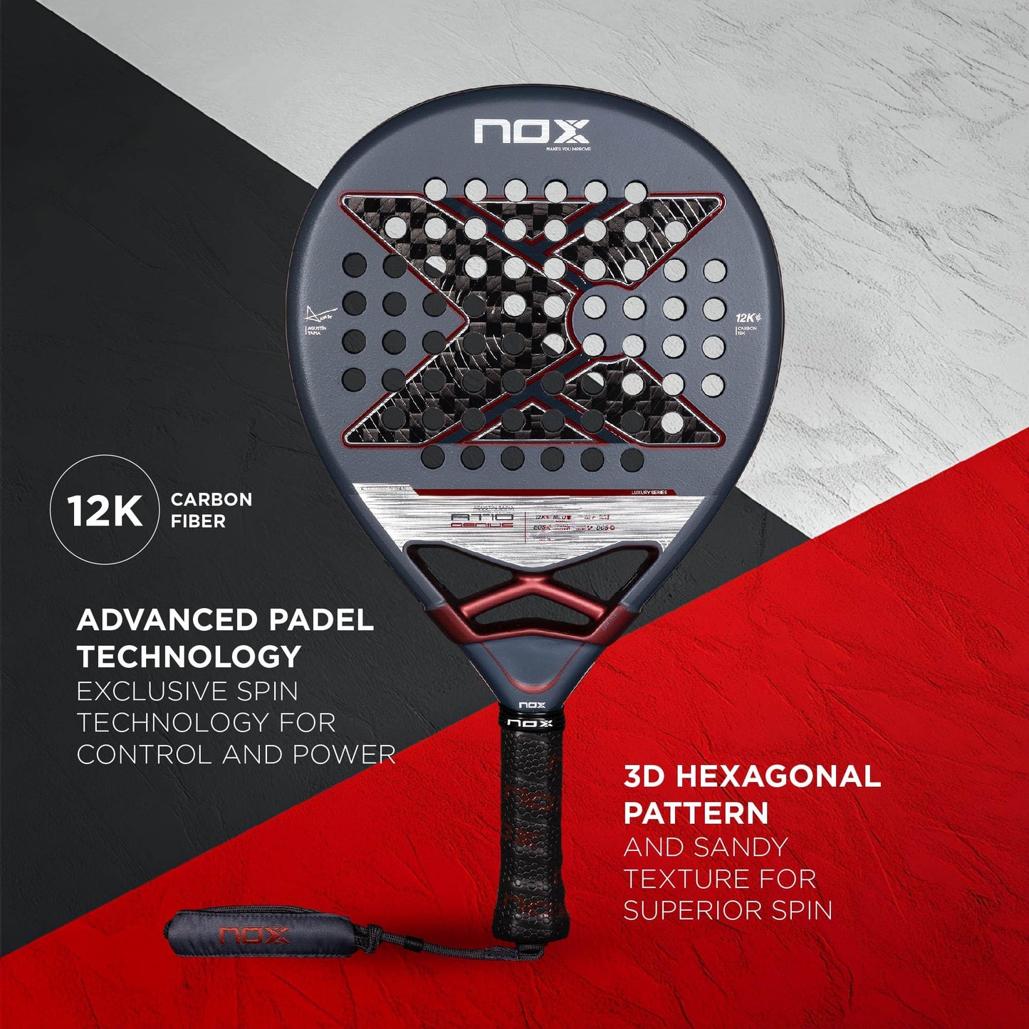 Raqueta Padel NOX AT10 Genius 12K Negra con Tecnología Carbono para Hombre