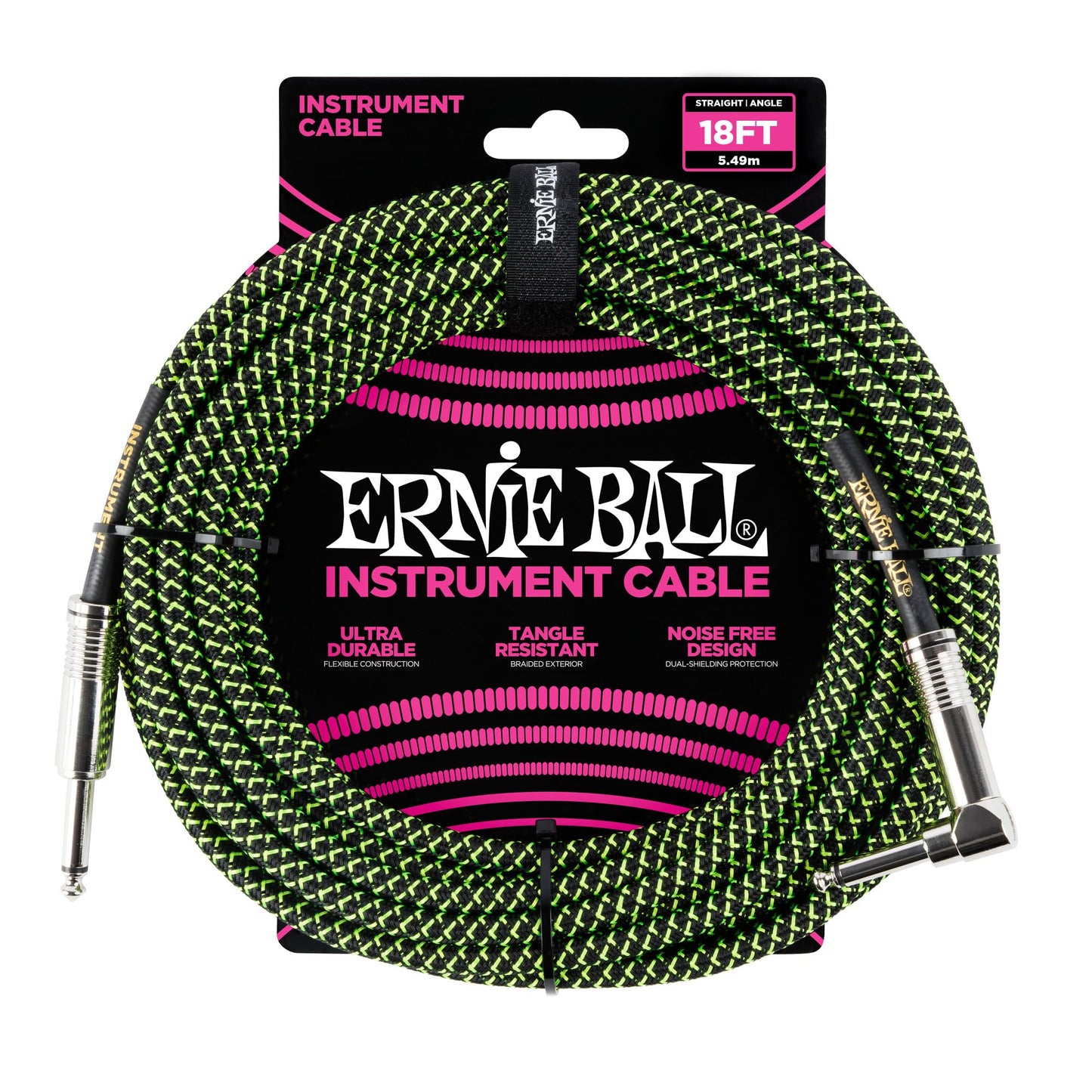 Cable para Instrumentos Ernie Ball Negro y Verde Trenzado 5,4 m Recto Acodado