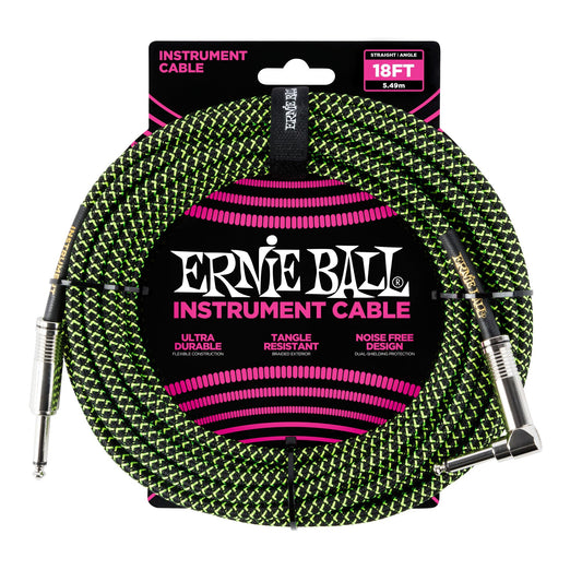 Cable para Instrumentos Ernie Ball Negro y Verde Trenzado 5,4 m Recto Acodado