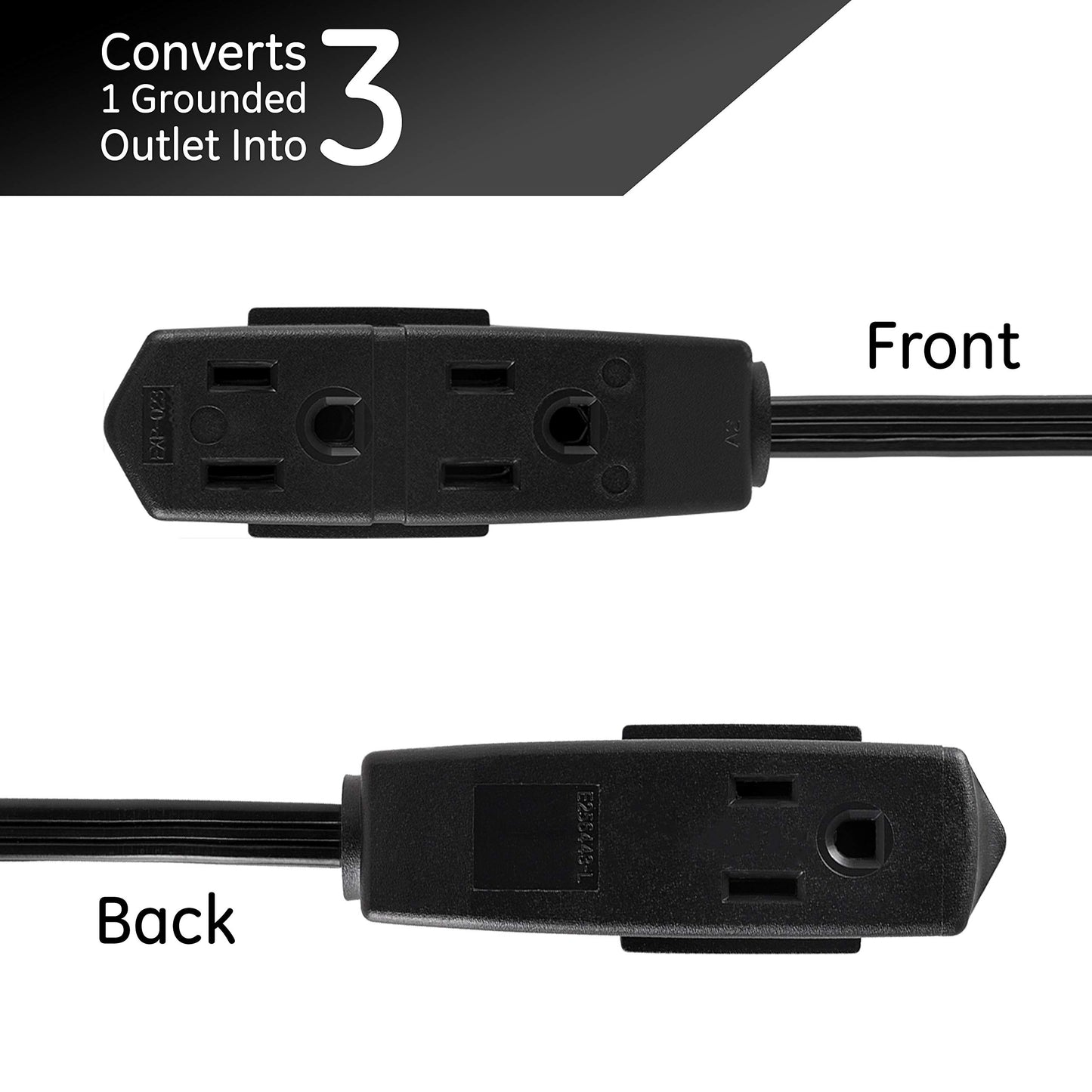 GE 56991 - Cable de extensión plano de 3 tomacorrientes de 8 pies con múltiples tomacorrientes de 3 puntas, cable de extensión de enchufe plano extensor para interiores, calibre 16 UL