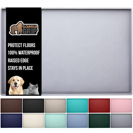 Gorilla Grip Tapete de alimentação para animais de estimação 100% à Prova d'água com borda elevada Livre de BPA, tapetes de Comida para cães e Gatos contêm derramamentos, 45,5 x 28,5 cm, Cinza Claro