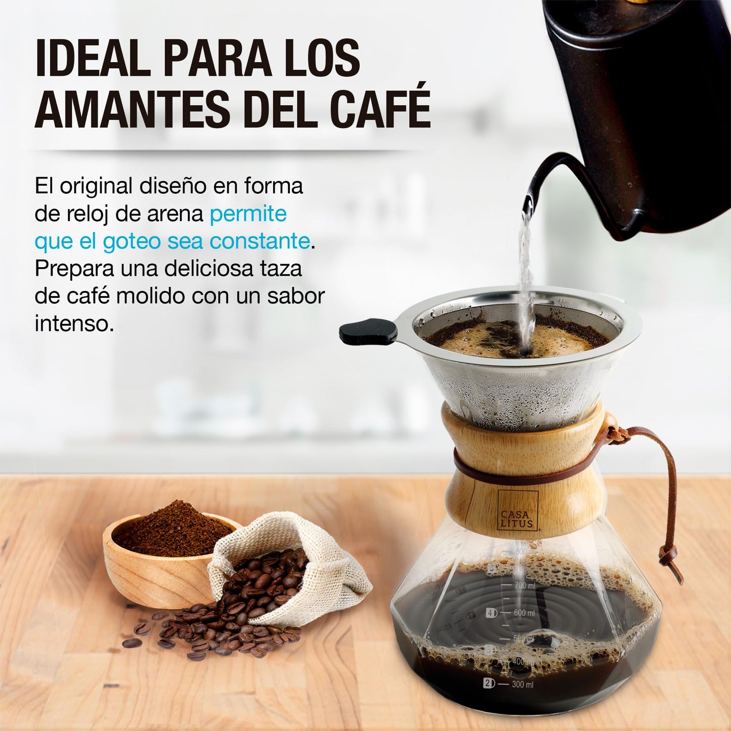 CASA LITUS Cafetera tipo Chemex Grande (800 ml) con Filtro Reutilizable de Acero Inoxidable, Cafetera de Goteo Pour Over Café Molido, Agarradera de Bambú y Vidrio de Borosilicato, Rinde 4 Tazas.