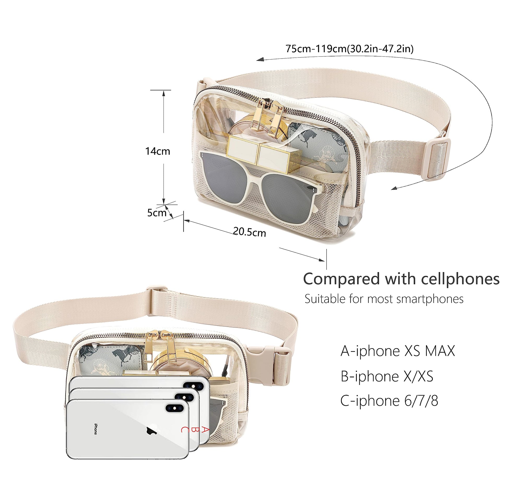 Riñonera Transparente Moda Beige con Correa Ajustable Pequeña para Mujeres y Hombres