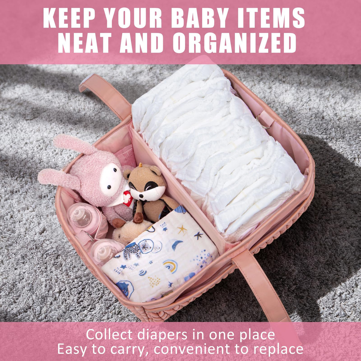 HLWDFLZ Organizador de pañales para bebé, Cesta Grande para pañales con Correa de Hombro Ajustable, Bolsa de Viaje portátil para automóvil con Clips para Cochecito, Esencial para recién Nacidos G