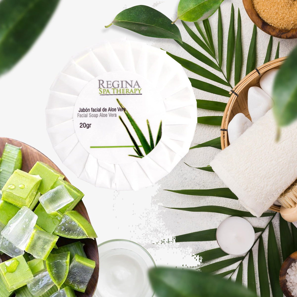Regina Spa Therapy - Jabón Facial hecho a base de Aloe Vera. Caja con 500 piezas de 20 gr. cada una.