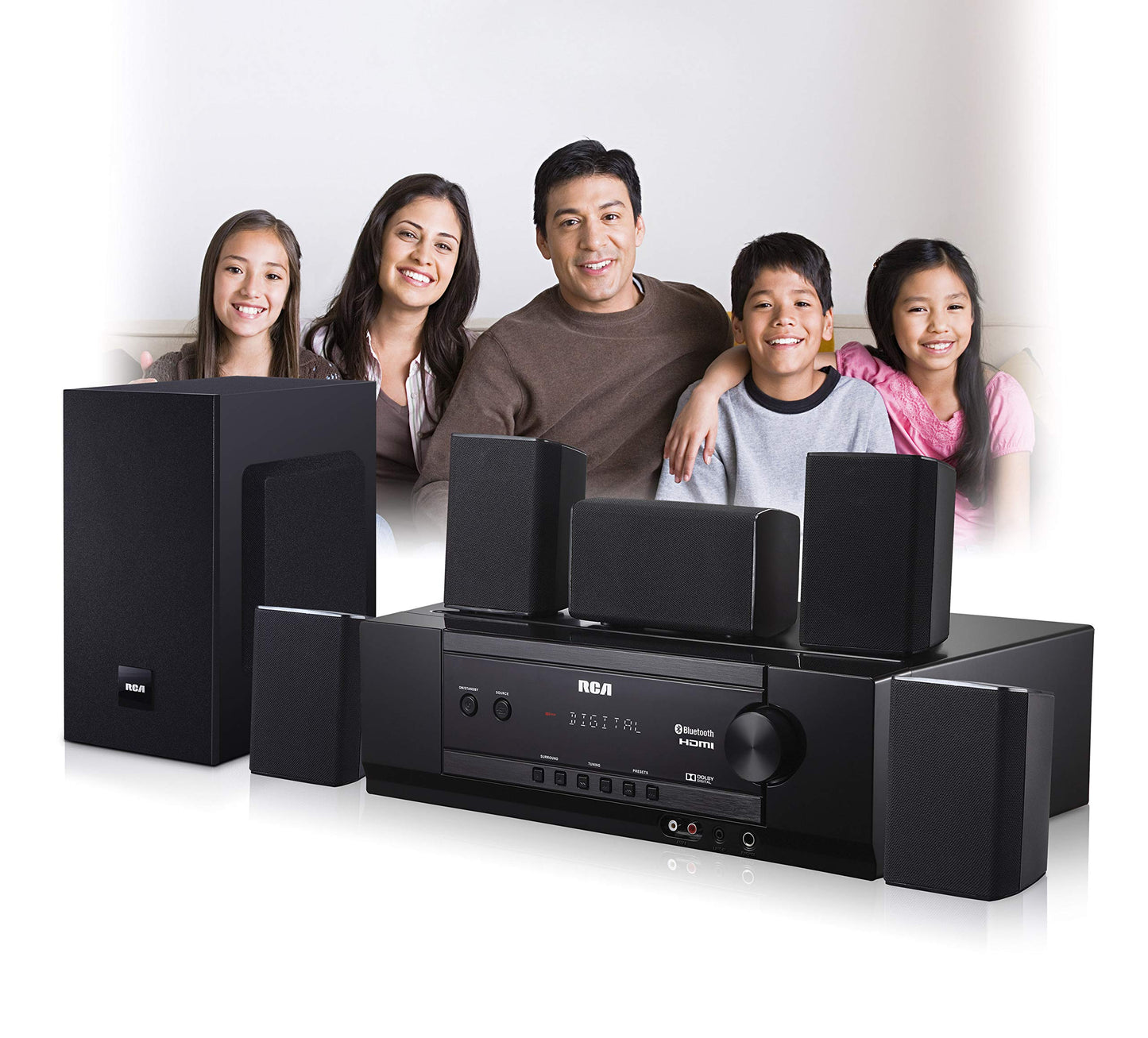 Sistema de Cine en Casa RCA Negro Sonido Envolvente Digital 5.1 1000 Vatios Con Receptor de Audio Bluetooth y USB