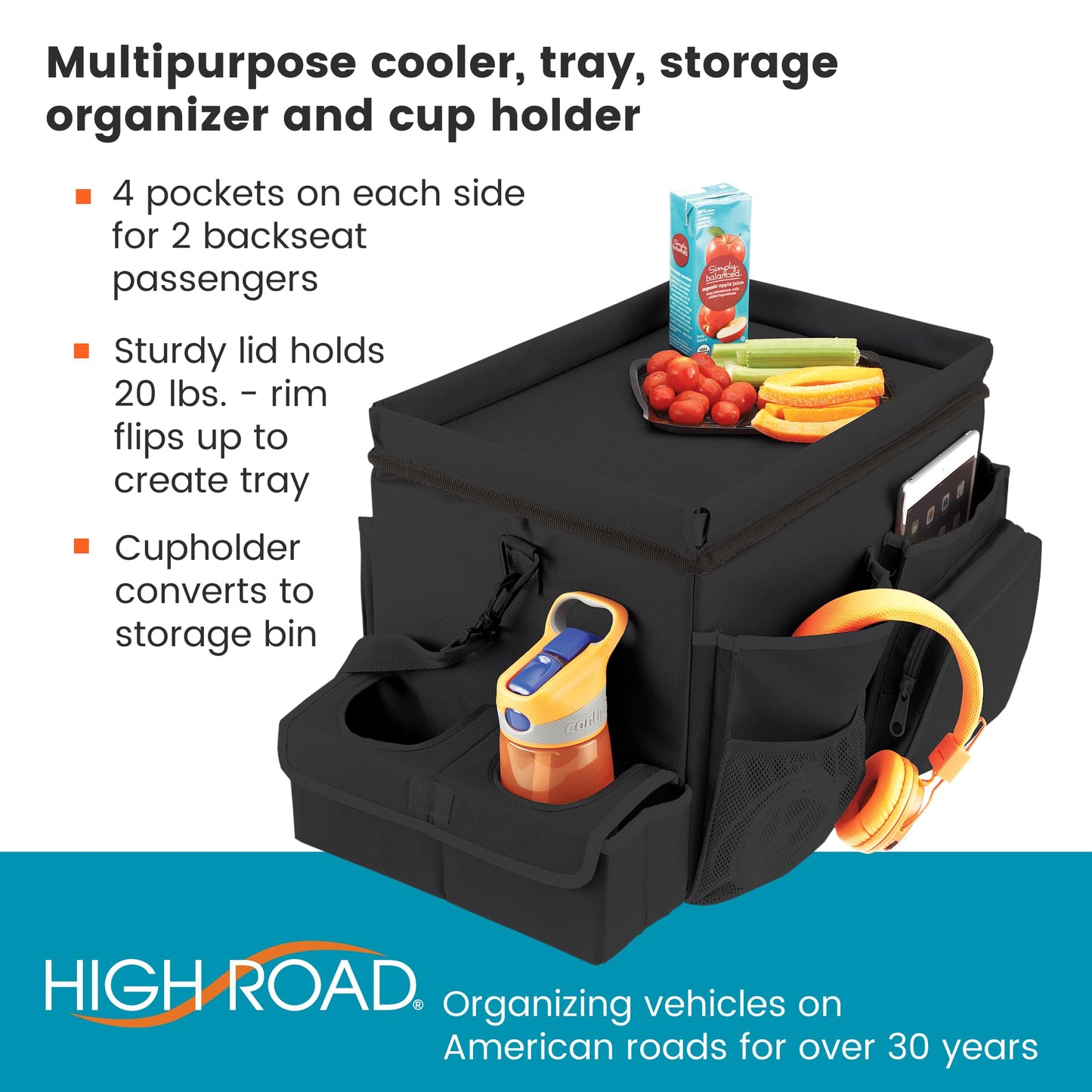 High Road - Organizador grande de asiento de coche CarHop para el asiento delantero o trasero para niños y adultos con bandeja para portavasos y bolsillos laterales y compartimento para enfriador
