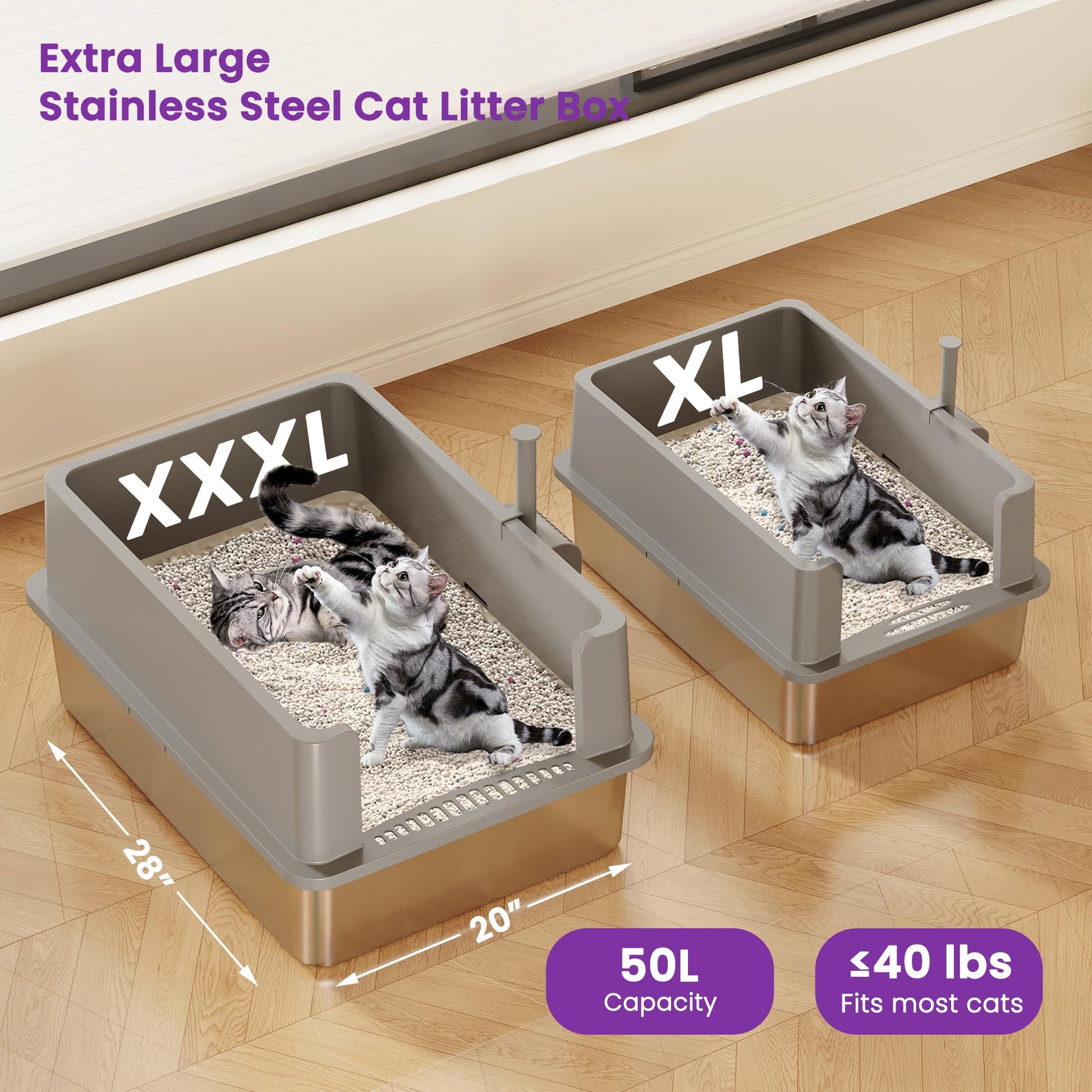 Arenero de Acero Inoxidable TIUUBT XXL Extragrande con Tapa Alta para Gatos Grandes y Hogares con Varios Gatos