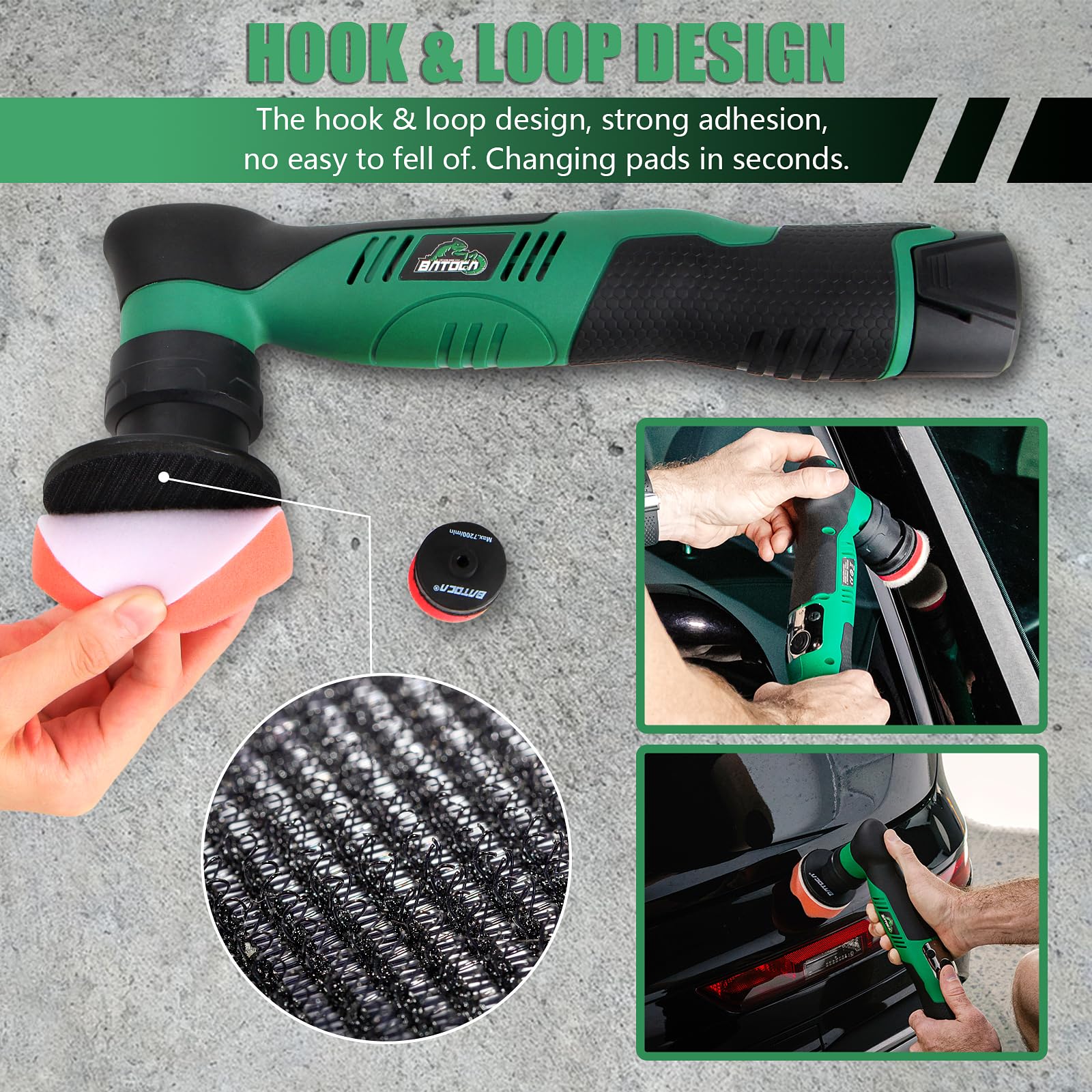 BATOCA S5 - Mini pulidora inalámbrica para coche, doble acción y mini máquina de pulir rotativa, 1 batería de 12 V 2 A con kit de almohadillas para orejas de pulido de 1 pulgada 3 pulgadas para coche